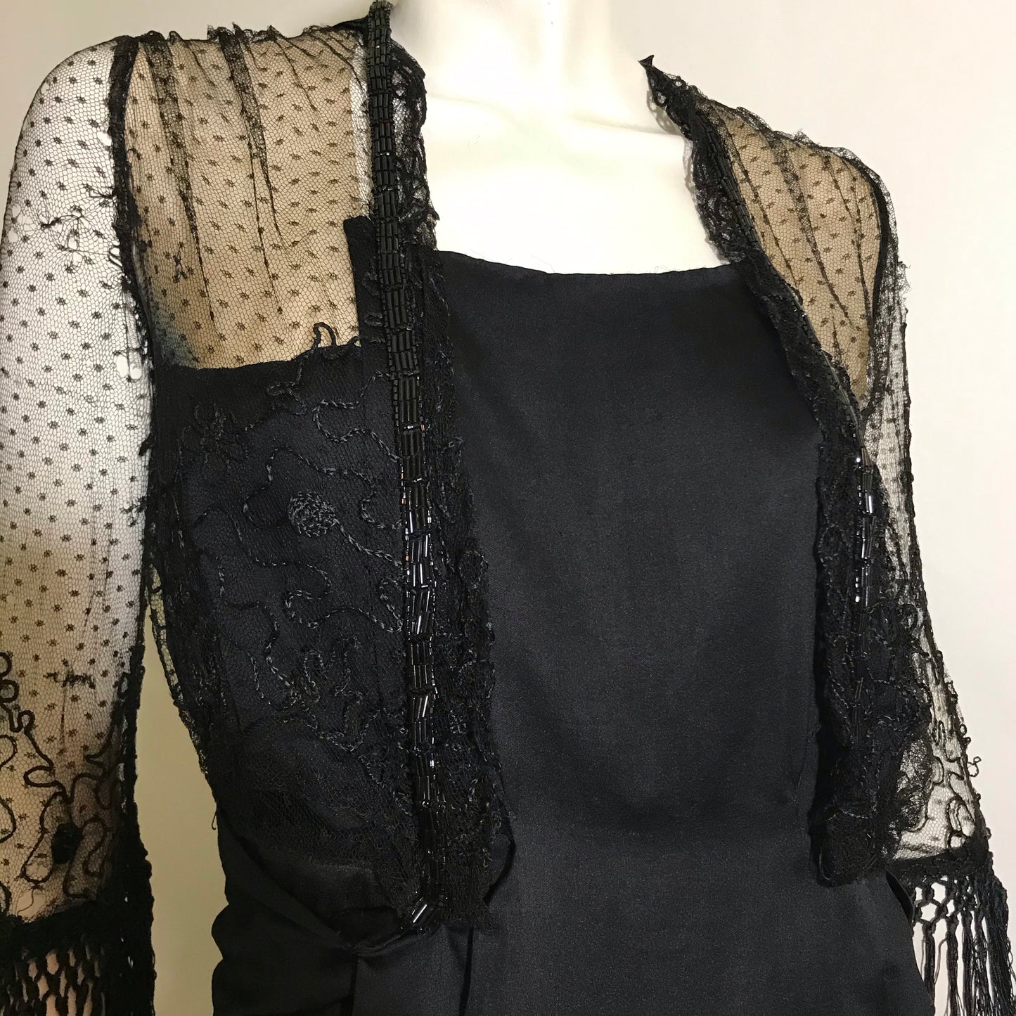 Elaborate Ink Black Silk Formal Dress with Beading Lace and Long Fringe circa 1910s
