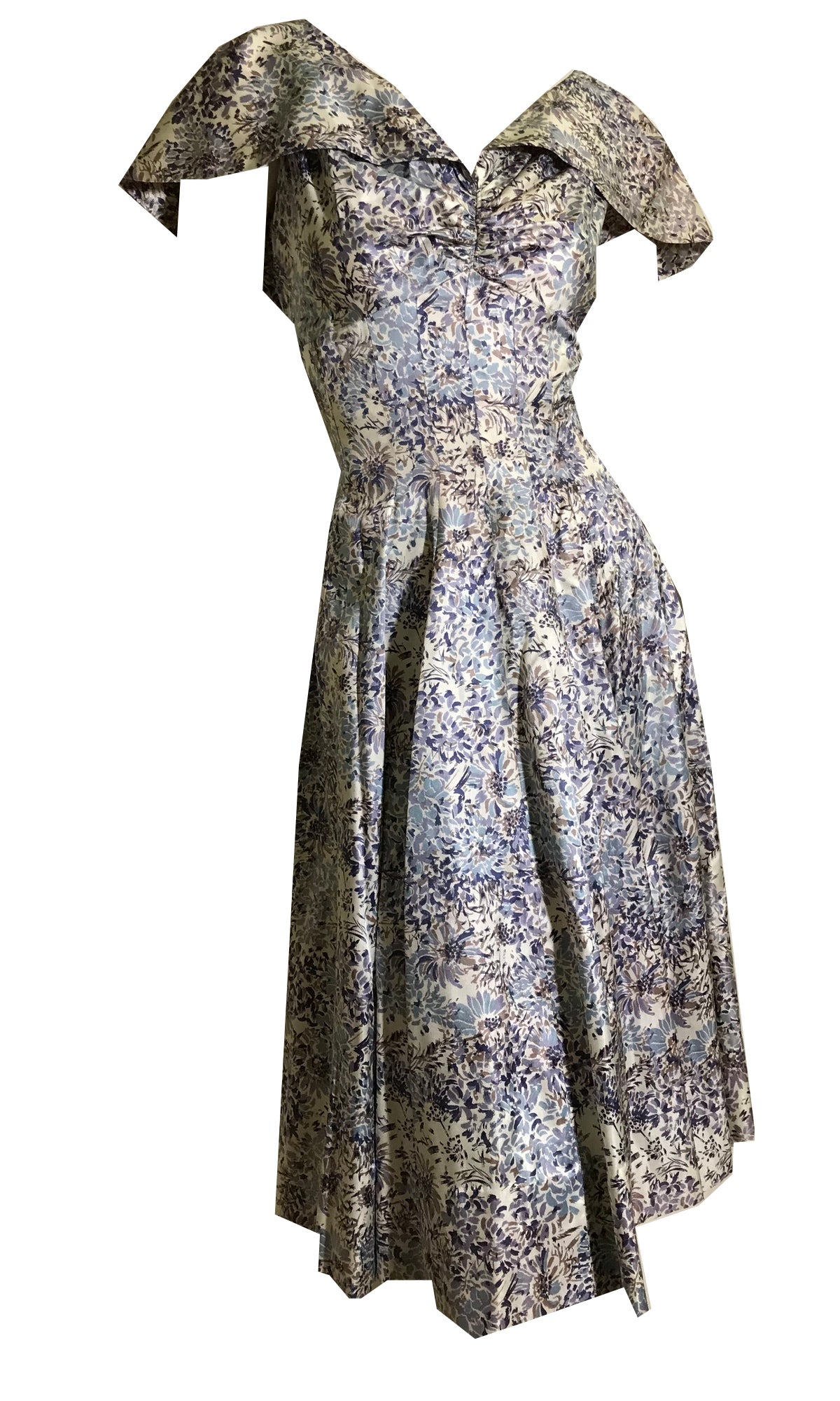 Shawl Collar Blue and Lilac Floral Print Princess Seamed Party Dress c –  Dorothea's Closet Vintage