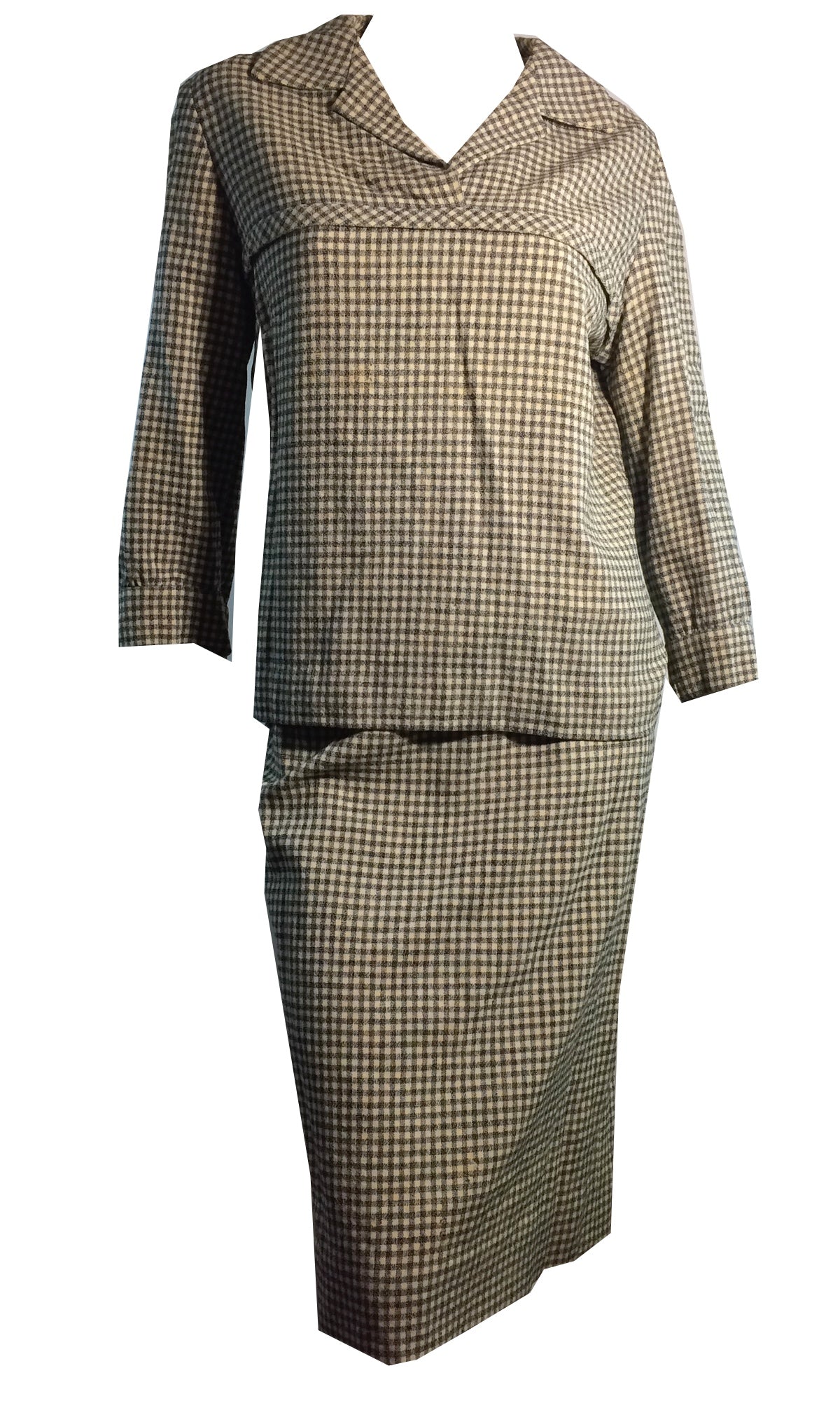 Warm Khaki and Grey Plaid Wool 2 pc Dress Set circa 1950s as is