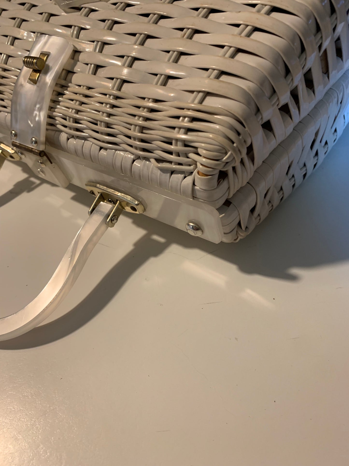 Lucite Trimmed White Wicker Handbag circa 1960s