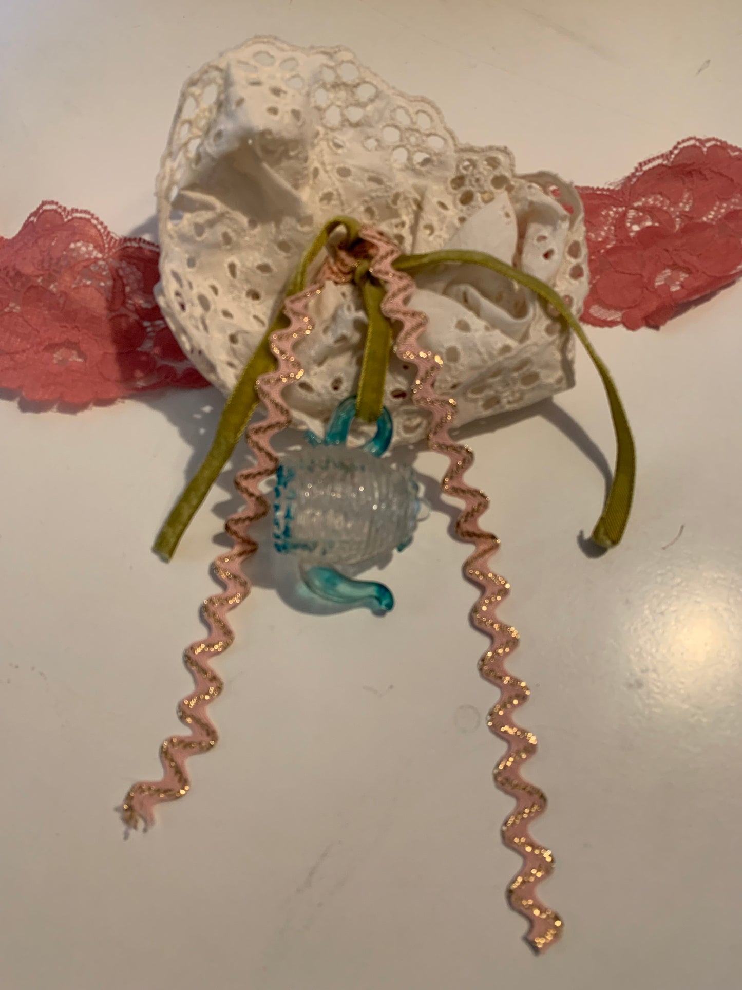 Tea Time Reimagined Pink Vintage Lace Choker Necklace with Ribbon & Vintage Teapot Pendant