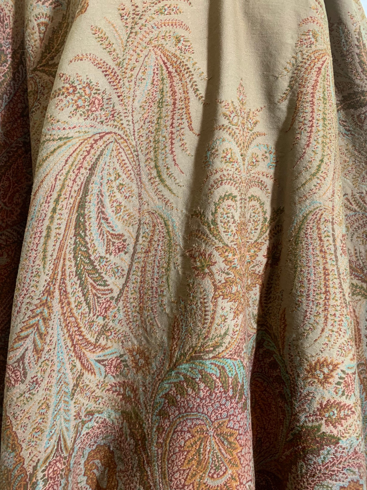 Turn of the Century Sage Green and Terra Cotta Paisley Brocade Wool Shawl circa 1900