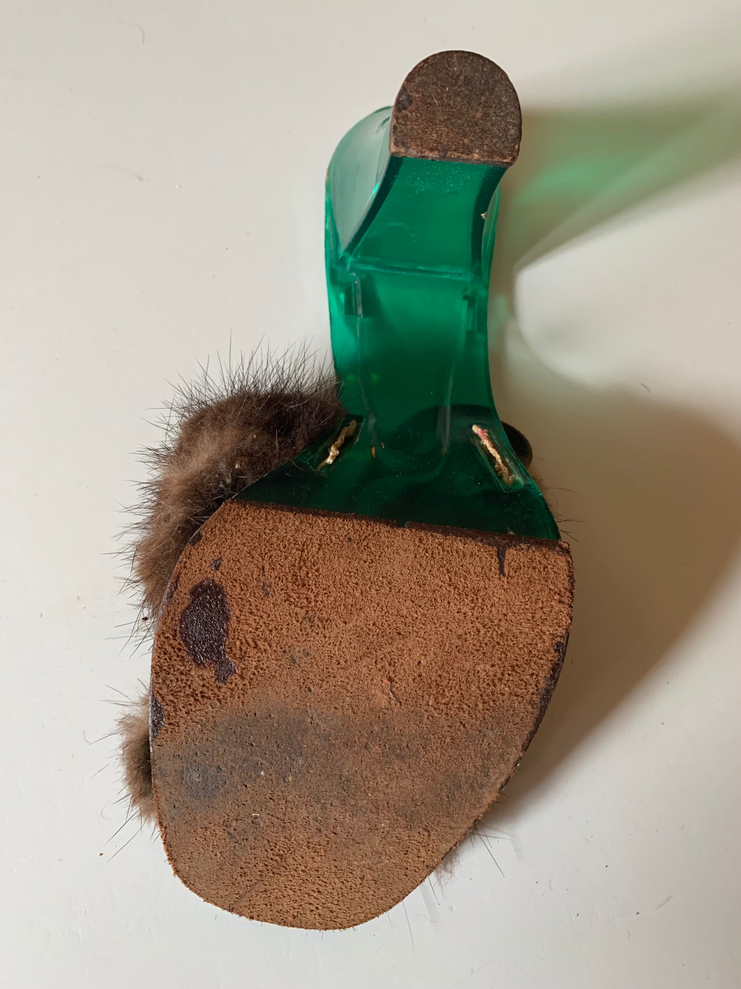 Iconic Green Lucite and Mink High Heel Shoes circa 1950s 6.5