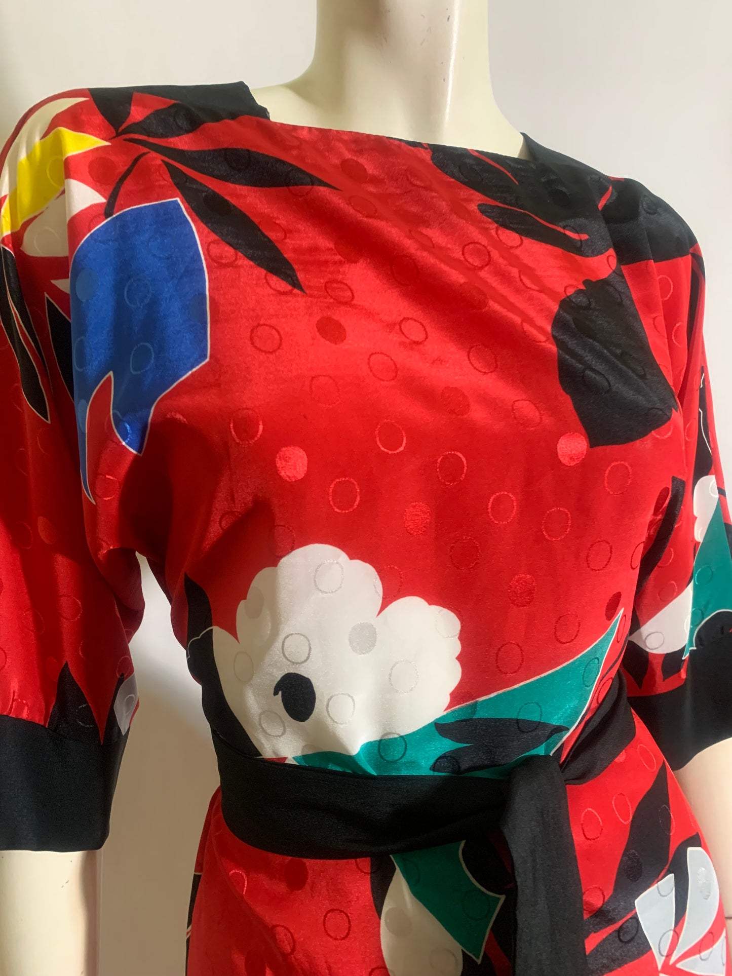 RESERVED Bold Floral Print Red Dress with Sash circa 1980s