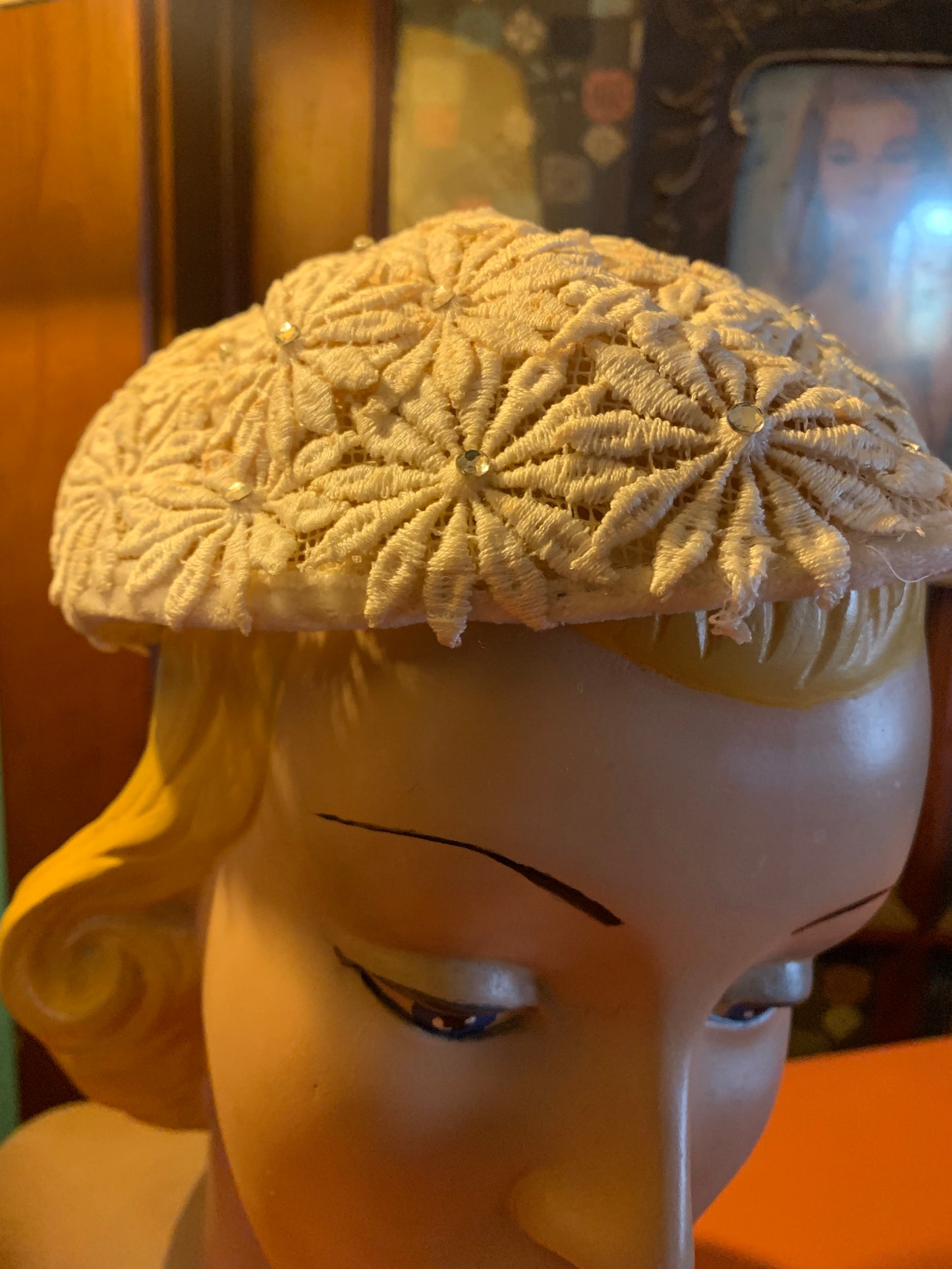 Wintry White Lace Cocktail Hat with Rhinestones circa 1950s