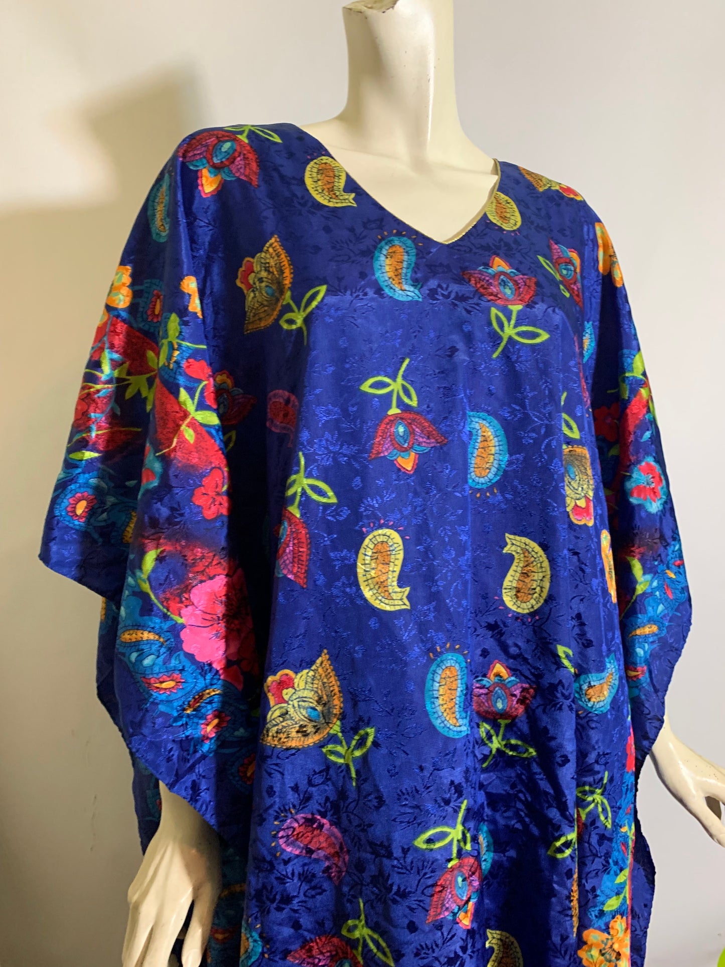 Bright Floral Print Satin Finish Caftan  circa 1990s