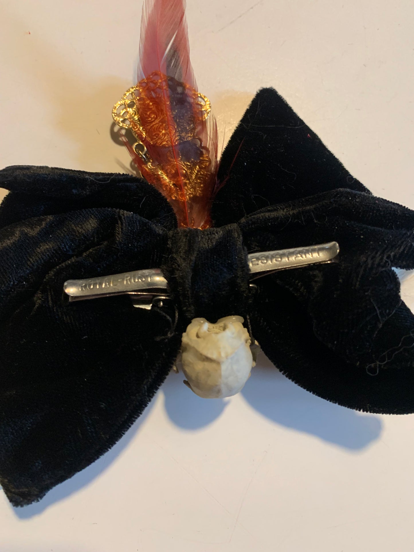 Hellegance Reimagined Black Velvet 1970s Clip on Bow Tie Antique Bird Wings and Skull