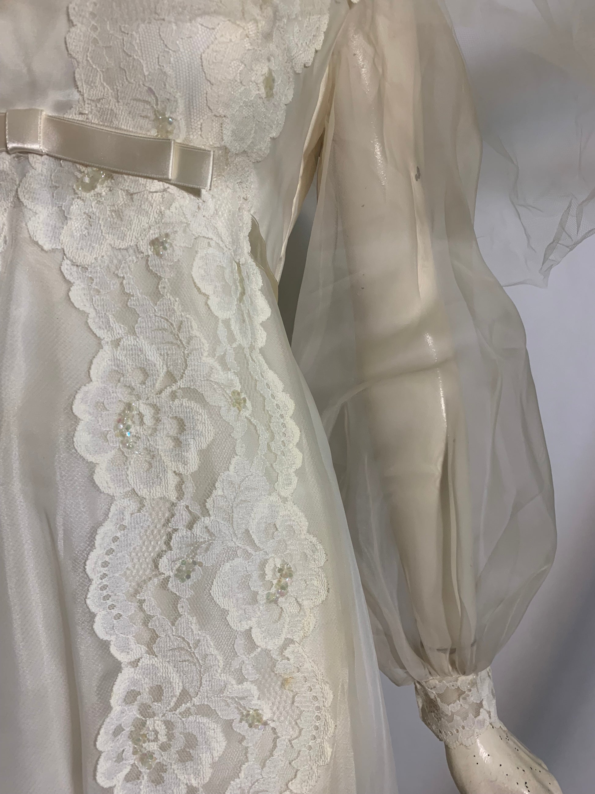 Regency Inspired Empire Waist Lace Trimmed Wedding Dress & Long Veil circa 1960s Regency Inspired Empire Waist Lace Trimmed Wedding Dress & Long Veil circa 1960s