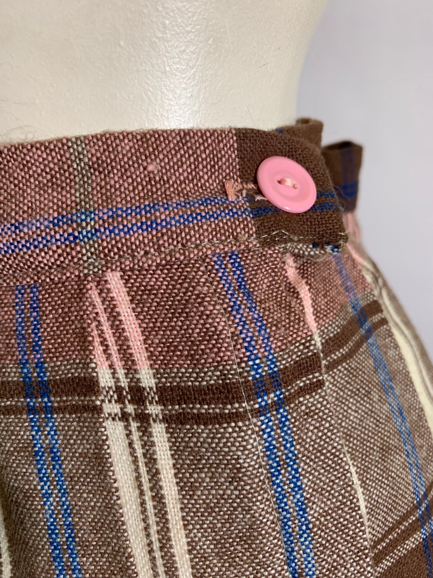 Neapolitan Pink, Vanilla & Brown Plaid Pleated Wool Skirt circa 1940s