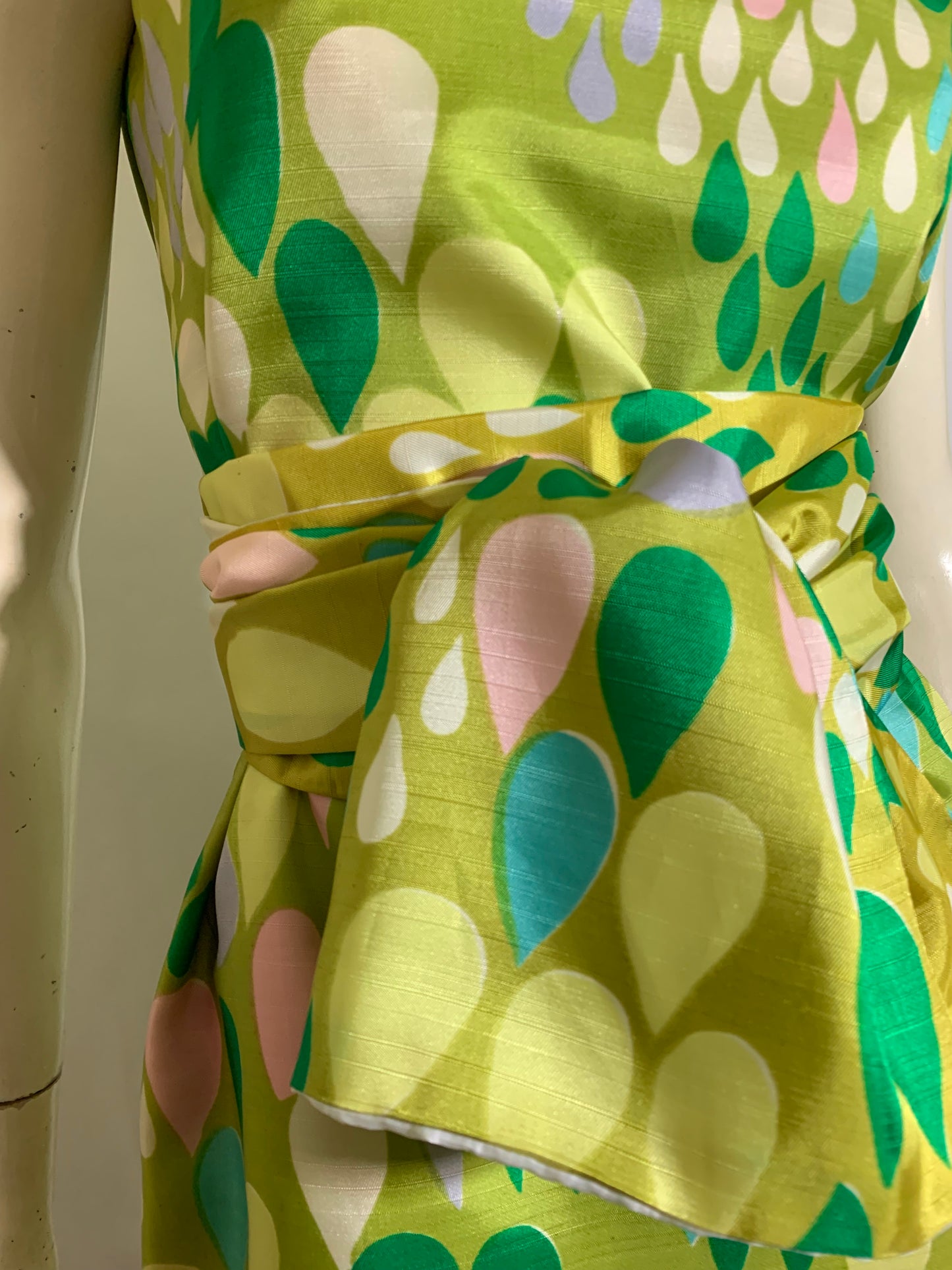 Pastel Raindrop Print Sheath Dress with Sash circa 1960s