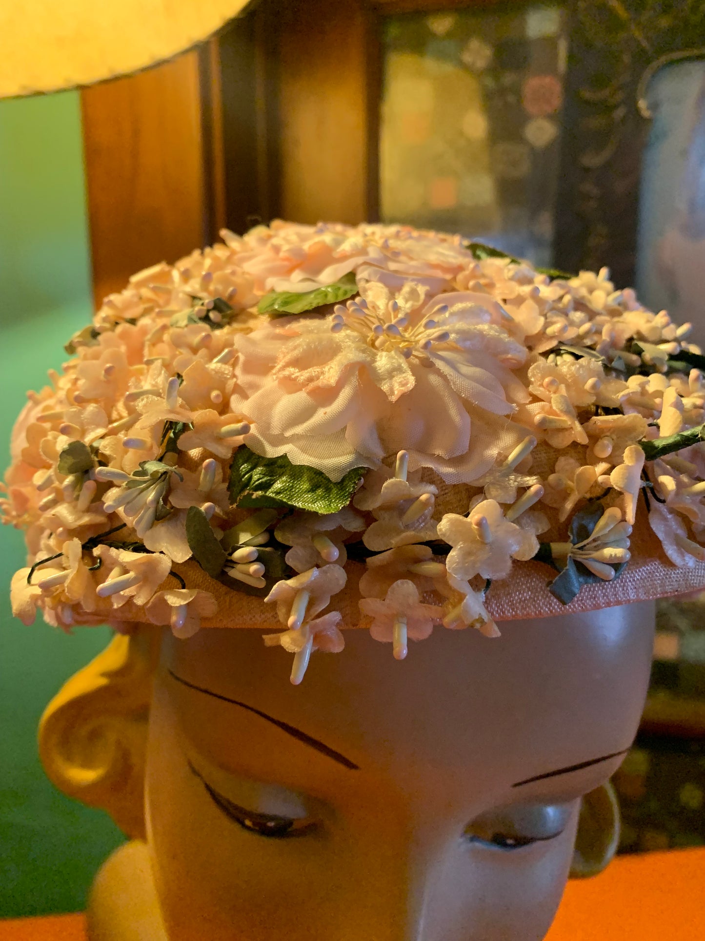 Dainty Pink Silk Flower Trimmed Sculpted Cocktail Hat circa 1950s