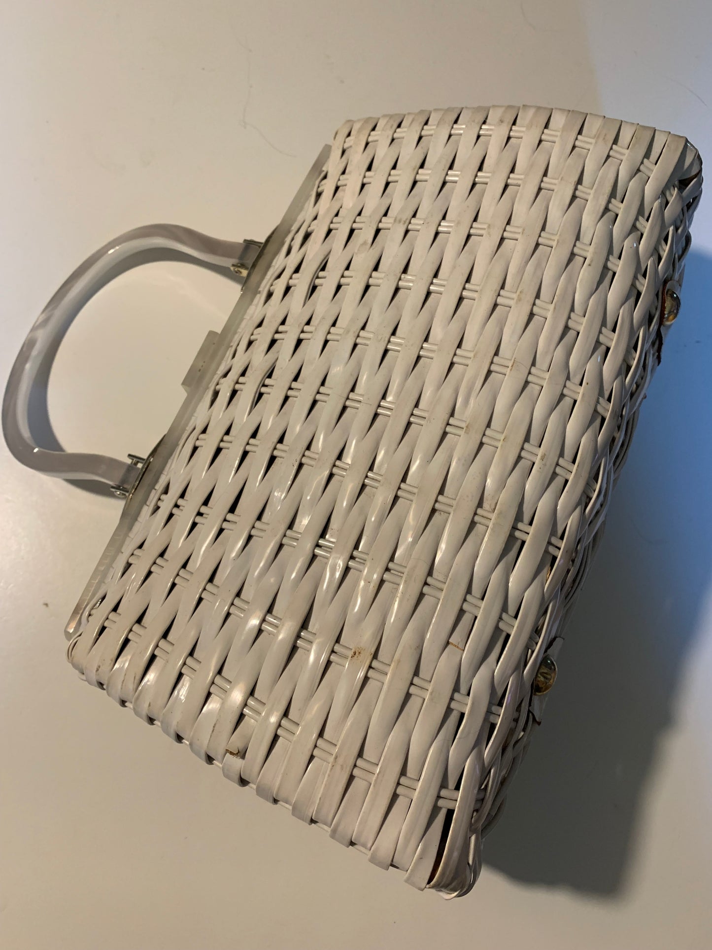 Lucite Trimmed White Wicker Handbag circa 1960s