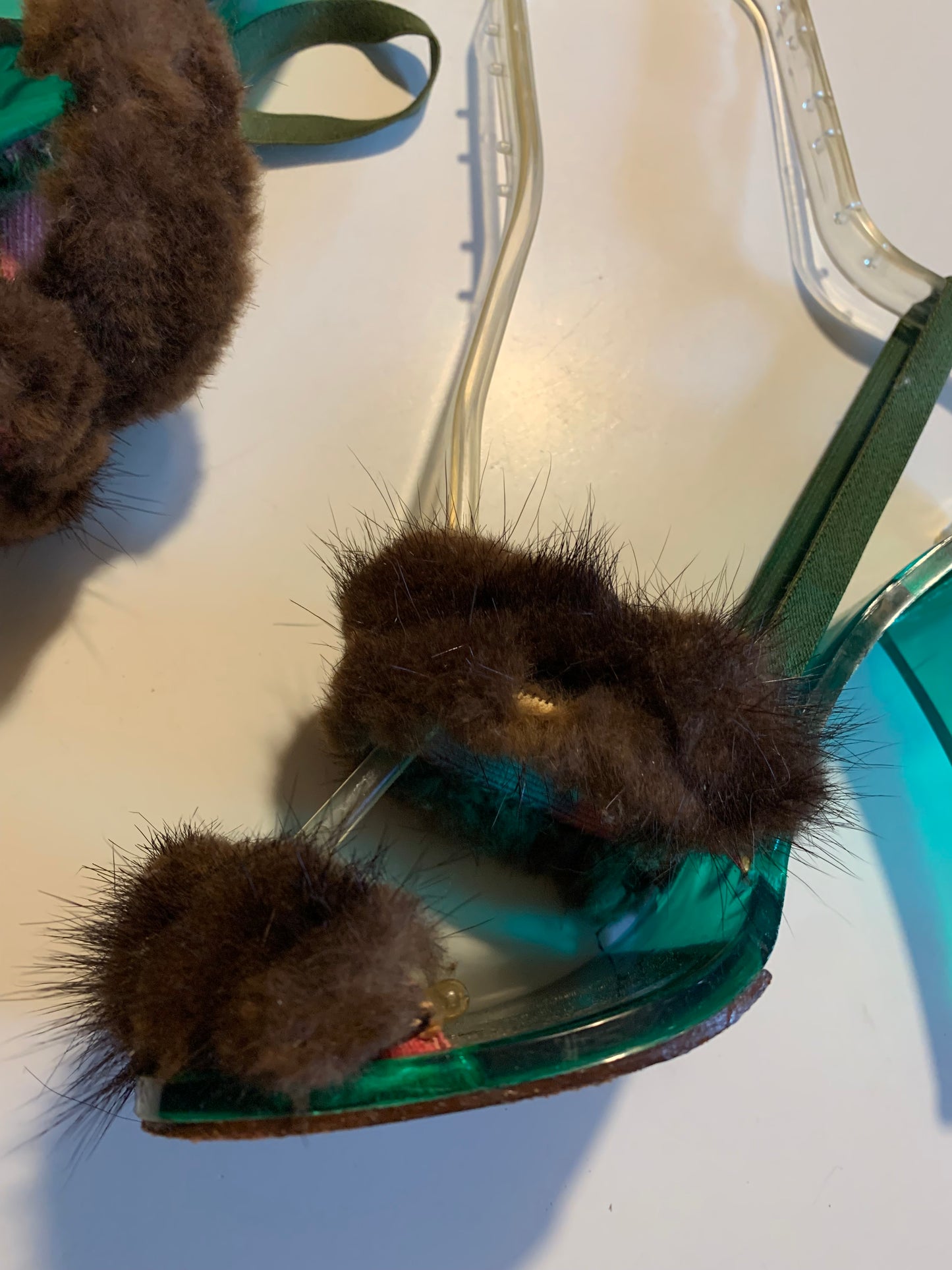 Iconic Green Lucite and Mink High Heel Shoes circa 1950s 6.5