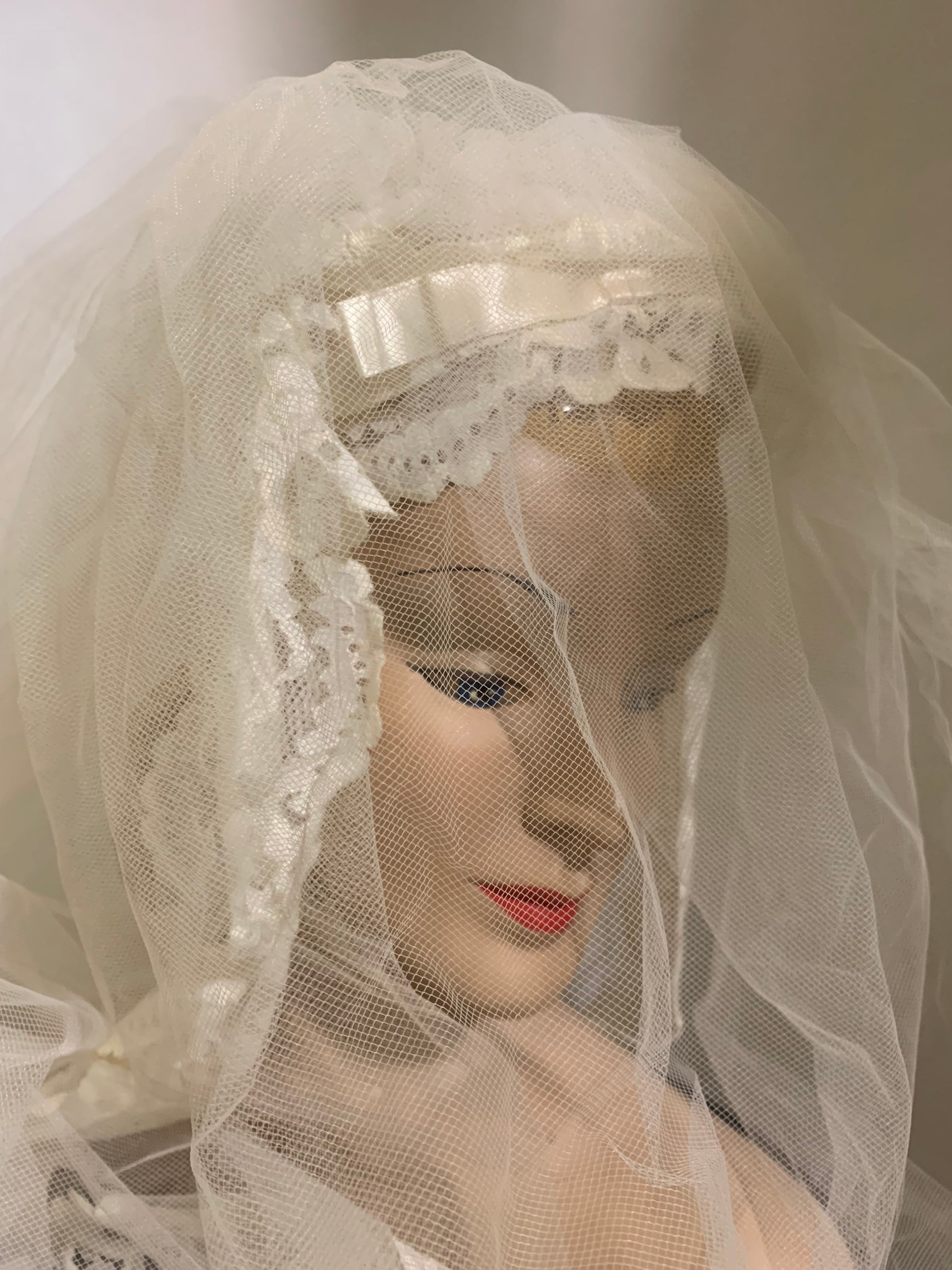 Regency Inspired Empire Waist Lace Trimmed Wedding Dress & Long Veil circa 1960s Regency Inspired Empire Waist Lace Trimmed Wedding Dress & Long Veil circa 1960s