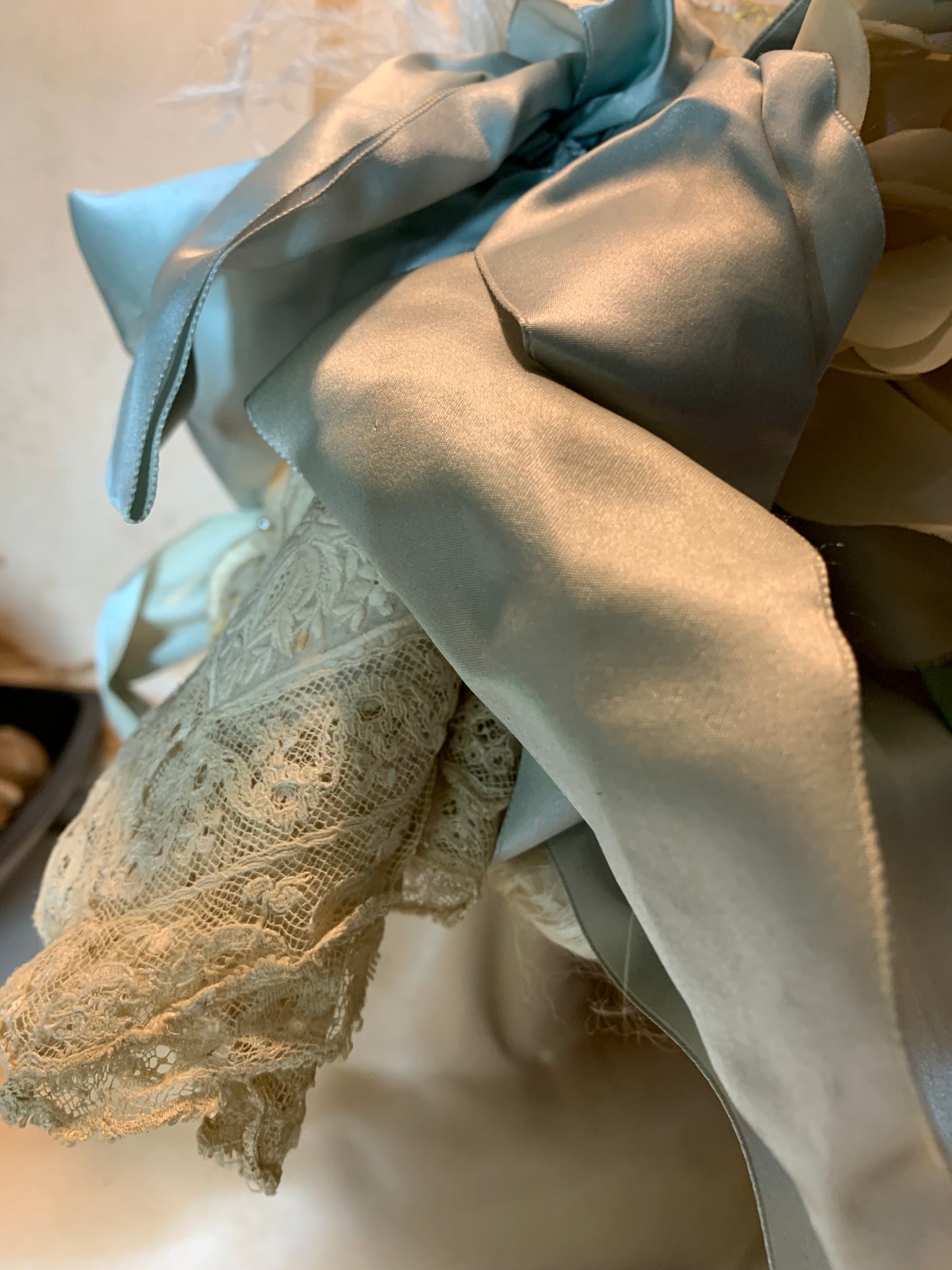 The Bride Reimagined Edwardian Silk Hat and Flowers with Antique Hanky, Pale Blue Ribbon and Feathers