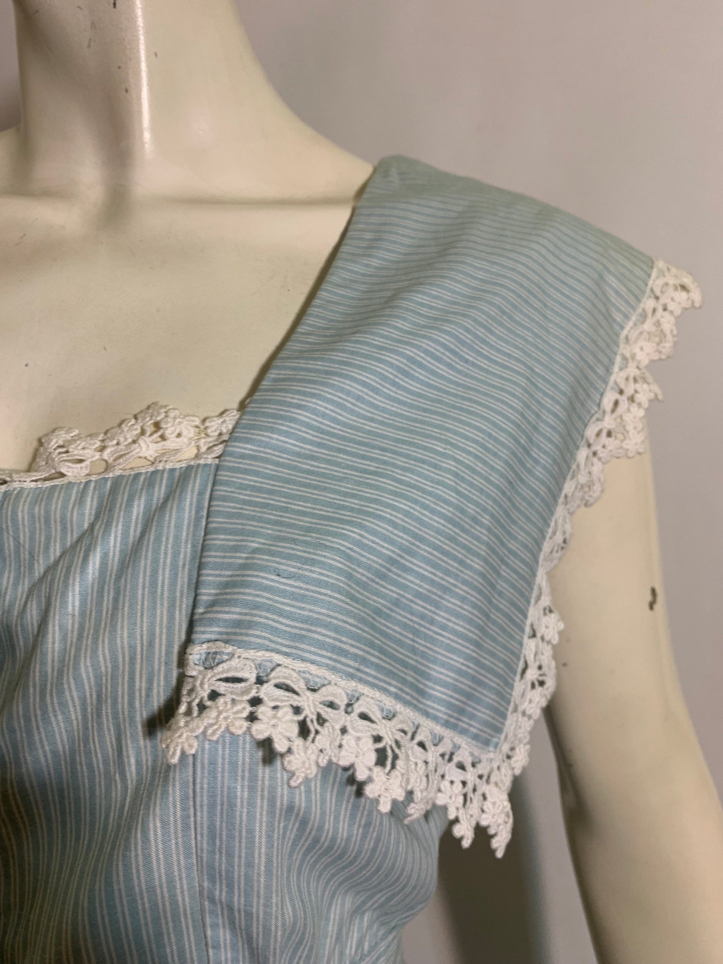 Ticking Striped Baby Blue Cotton Dress with Lace Trim circa 1980s Gunne Sax