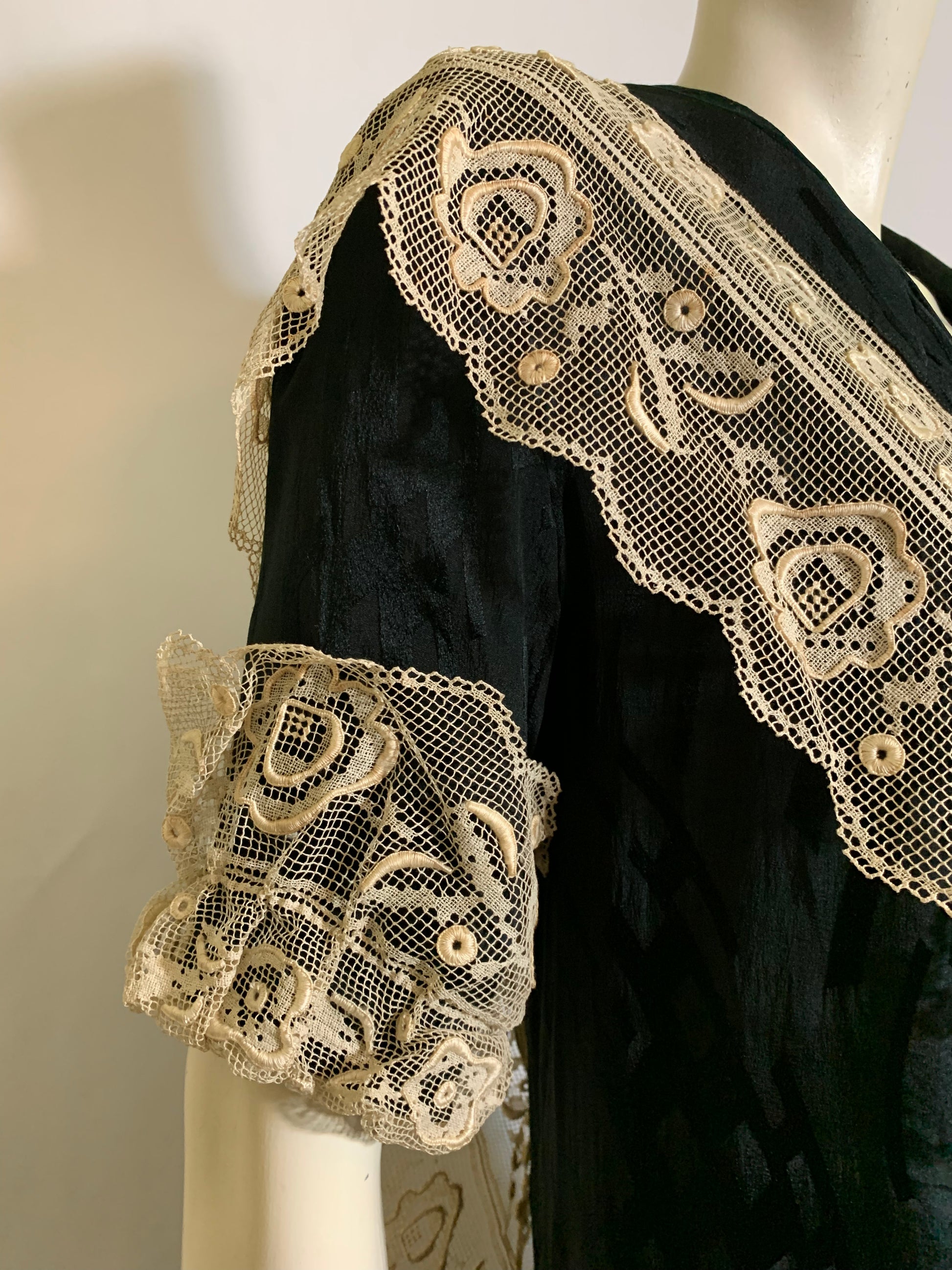 Black Silk Dropped Waist Dress with Wide Lace Trim circa 1920s Dorothea's Closet Vintage Black Silk Dropped Waist Dress with Wide Lace Trim circa 1920s Dorothea's Closet Vintage