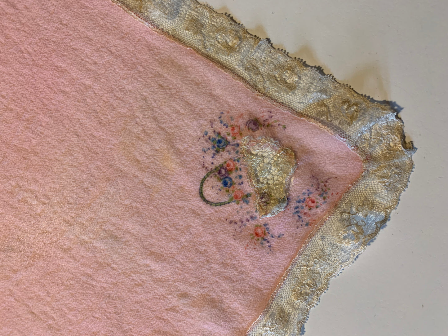 Dainty Pink Silk Handkerchief with Embroidered Flower Basket and Lace circa 1920s