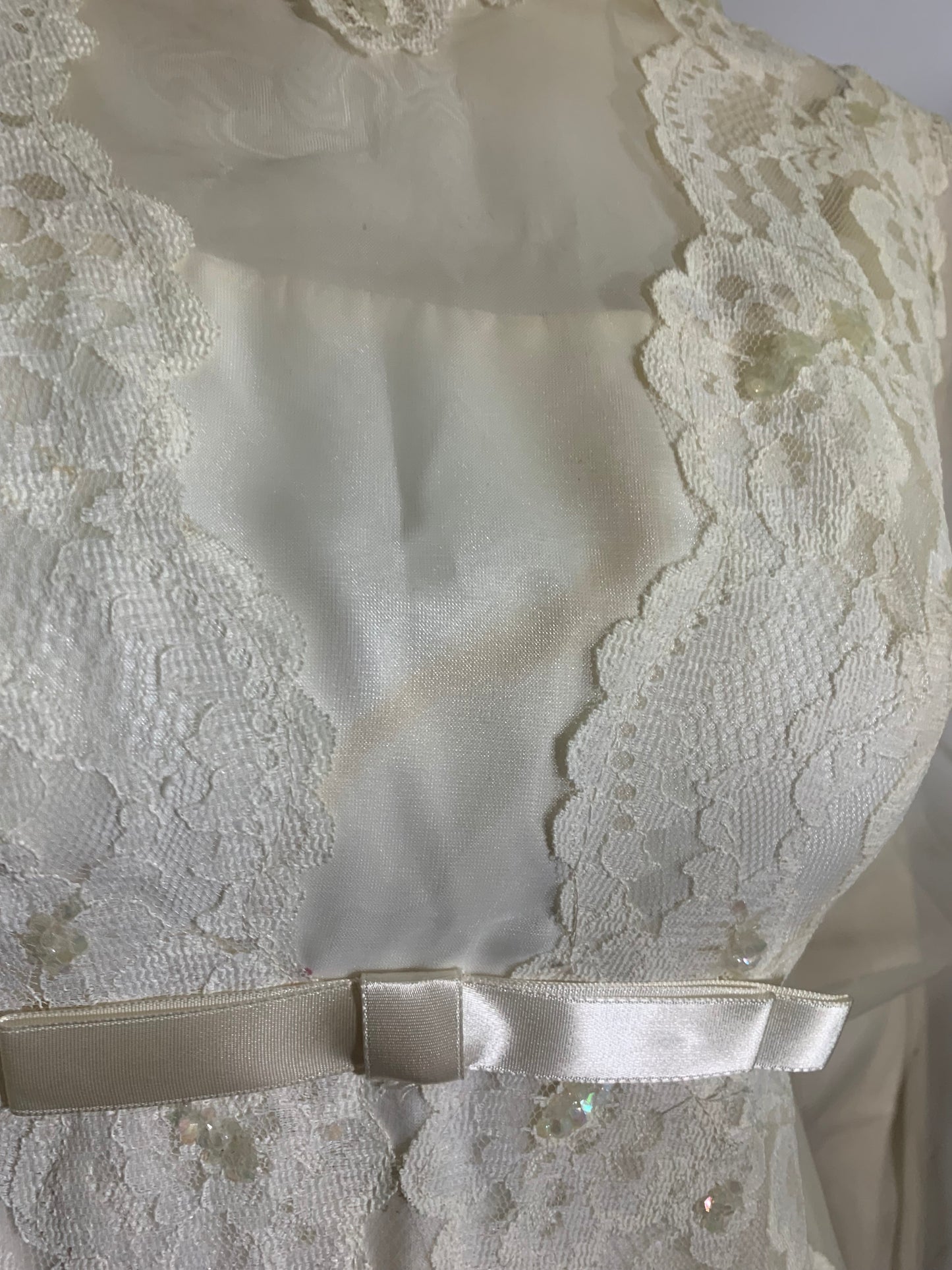 Regency Inspired Empire Waist Lace Trimmed Wedding Dress & Long Veil circa 1960s