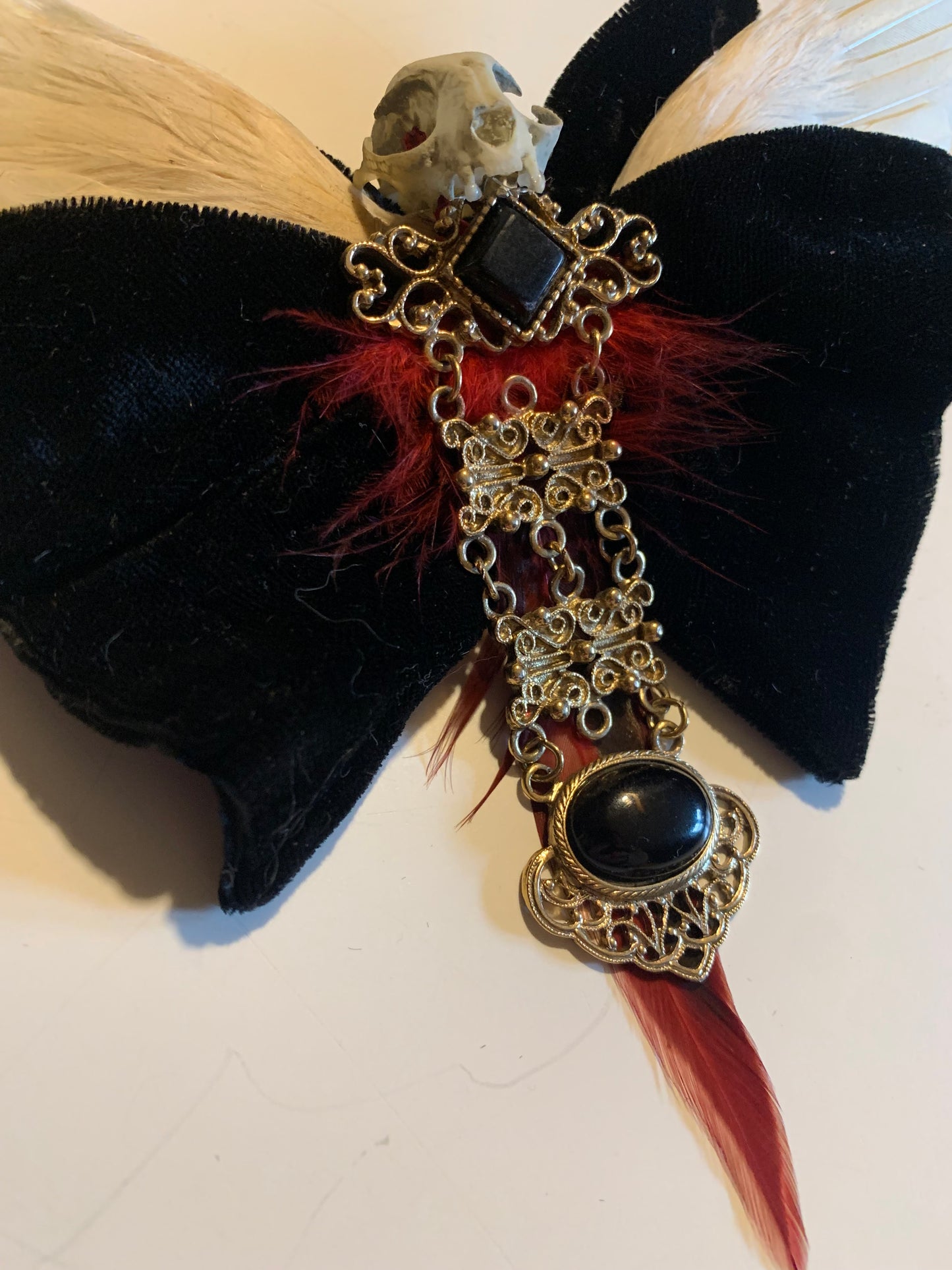 Hellegance Reimagined Black Velvet 1970s Clip on Bow Tie Antique Bird Wings and Skull