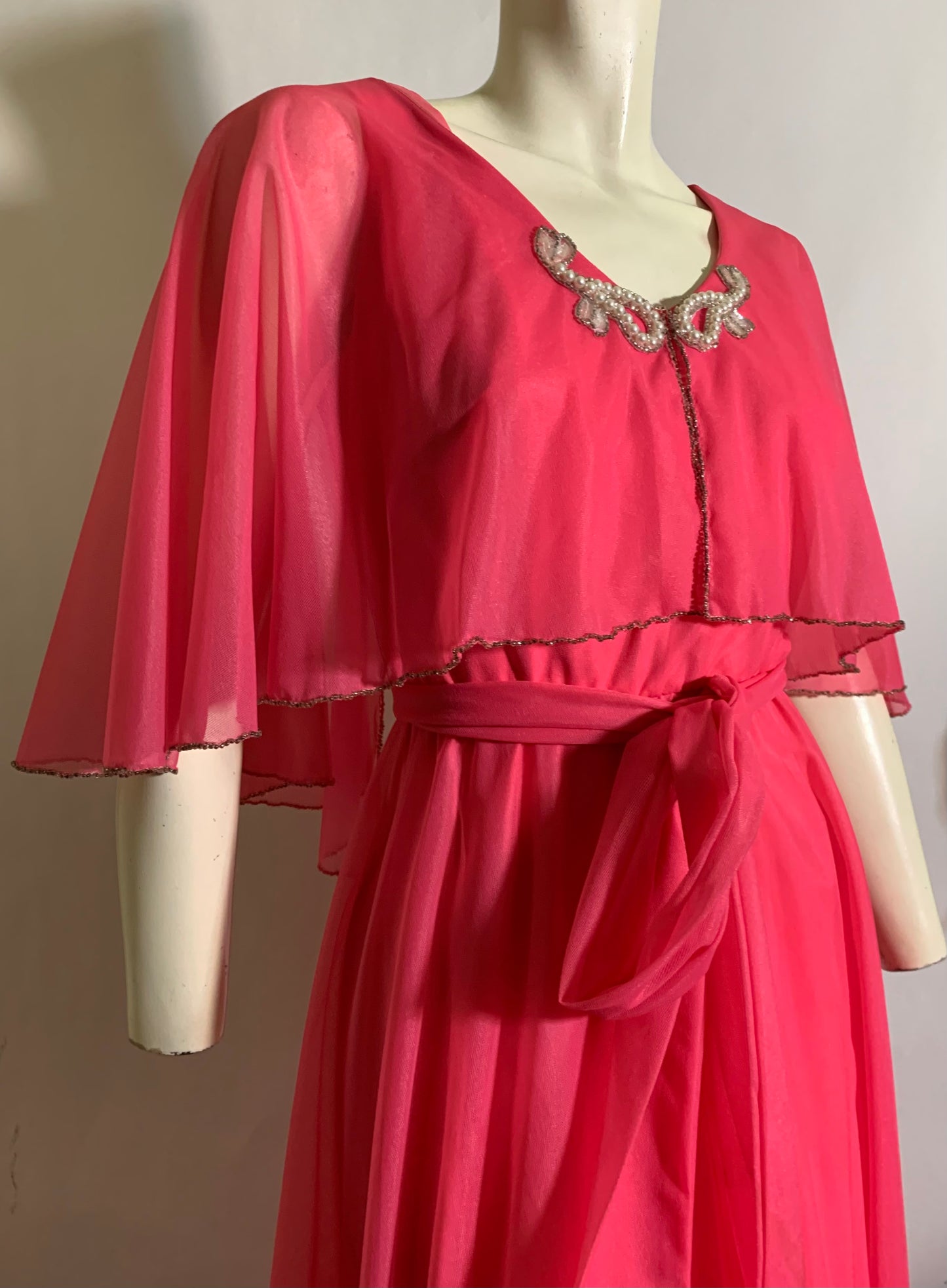 Shocking Pink Chiffon Caped Maxi Dress circa 1970s