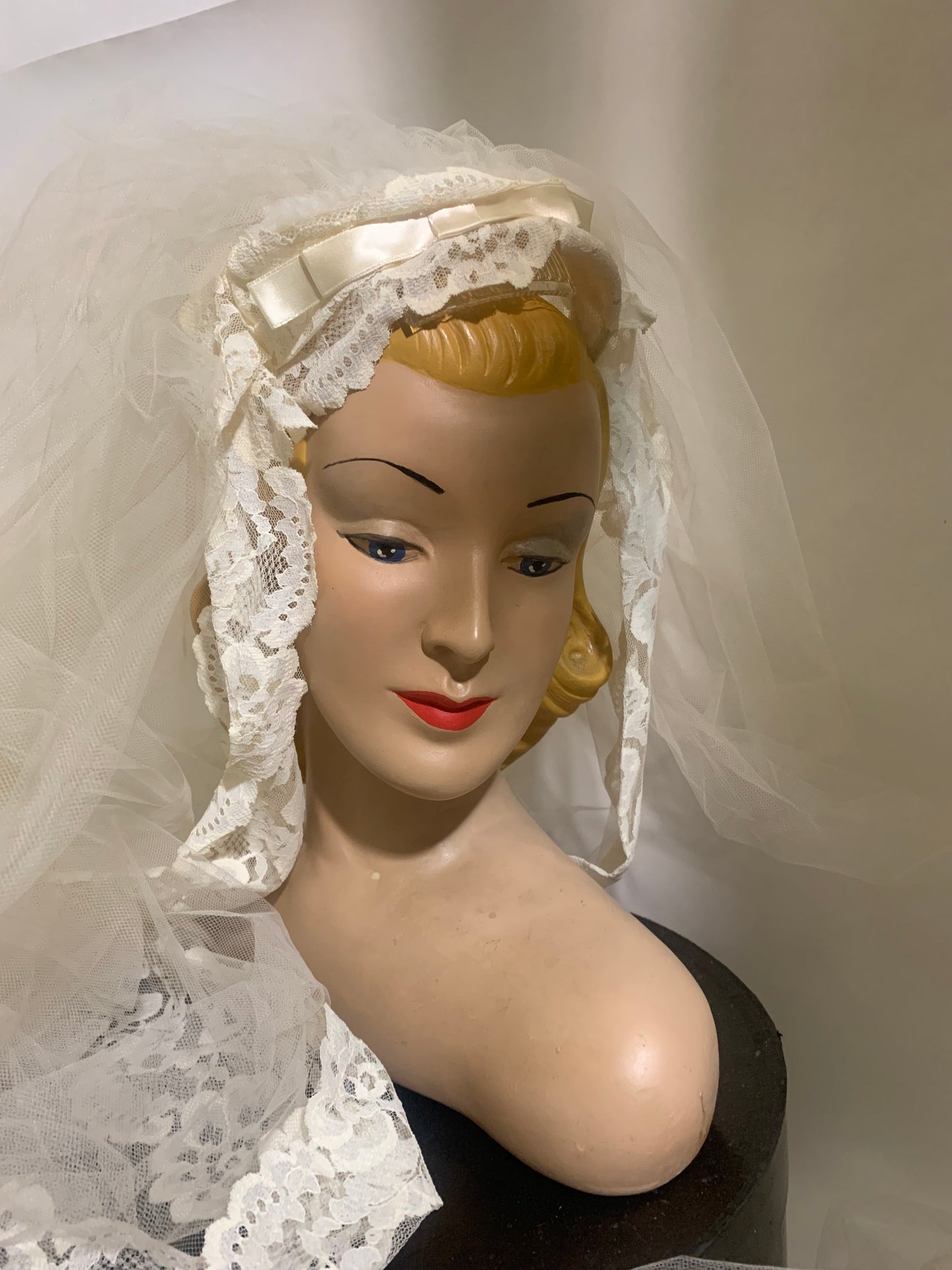 Regency Inspired Empire Waist Lace Trimmed Wedding Dress & Long Veil circa 1960s