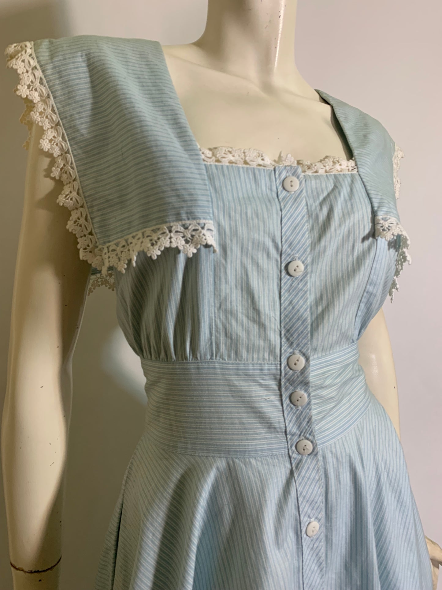 Ticking Striped Baby Blue Cotton Dress with Lace Trim circa 1980s Gunne Sax