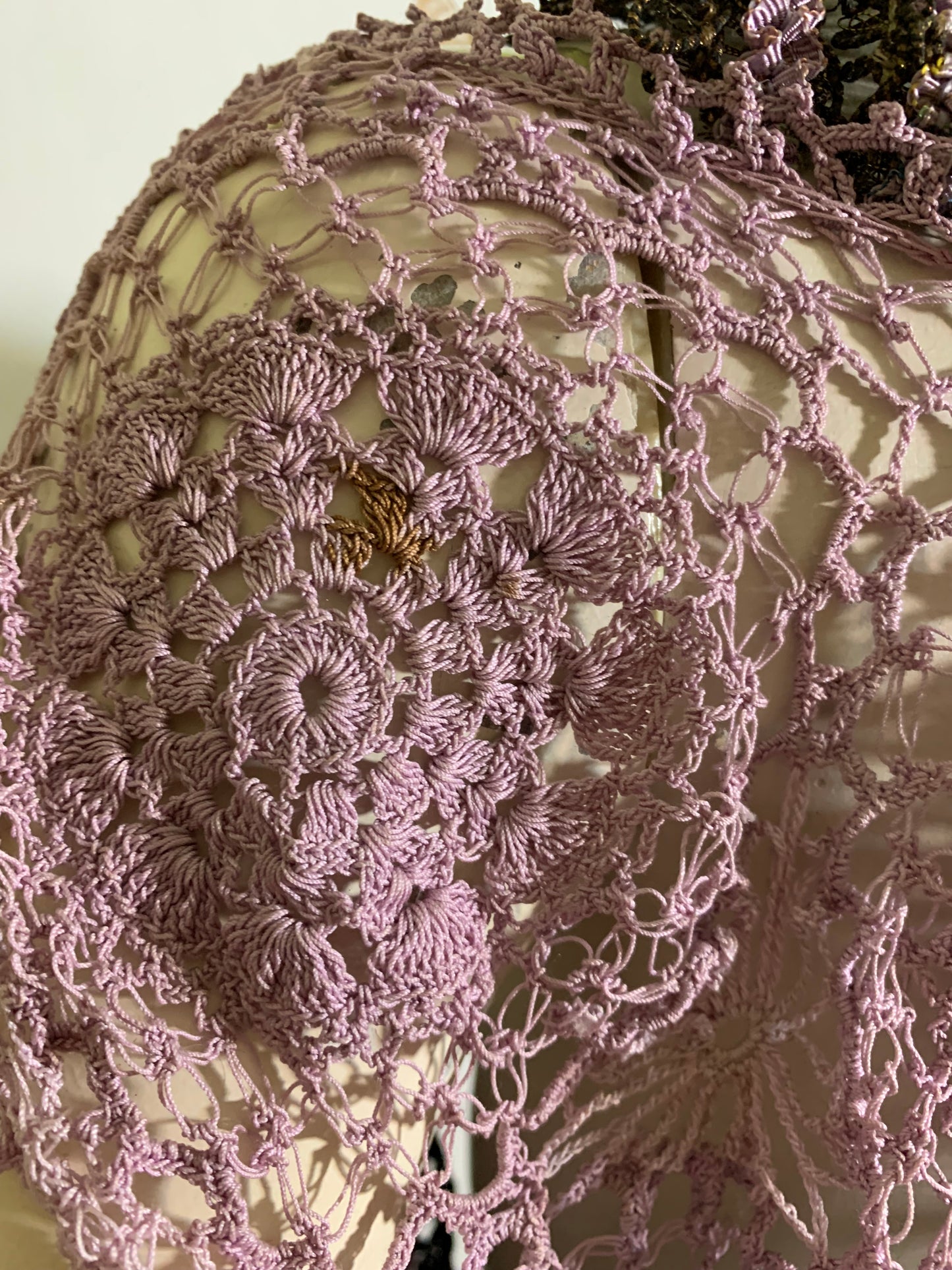 French Lavender Antique Lace Top Reimagined Black Victorian Fringed Metallic Ribbon and Feather