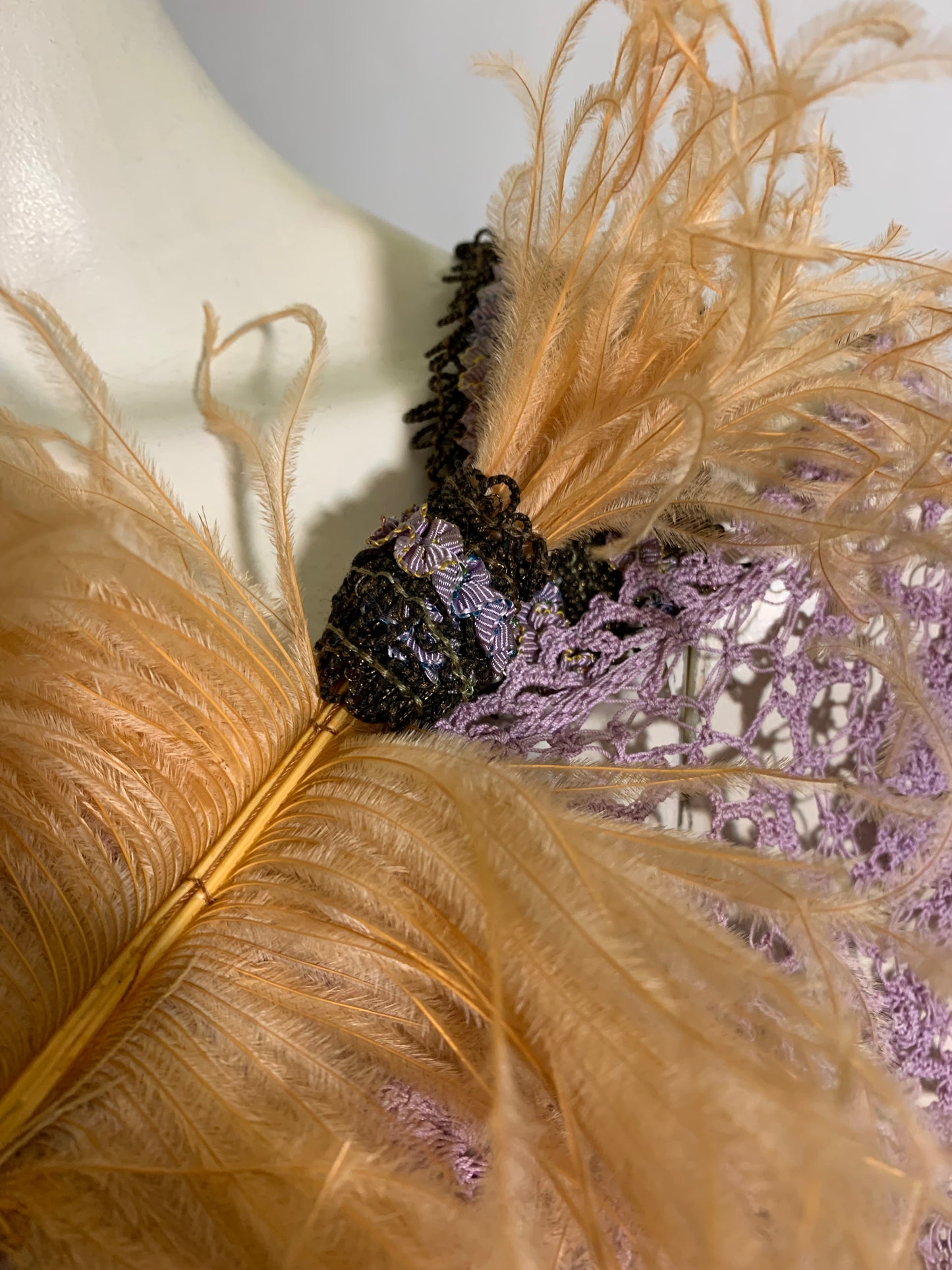 French Lavender Antique Lace Top Reimagined Black Victorian Fringed Metallic Ribbon and Feather