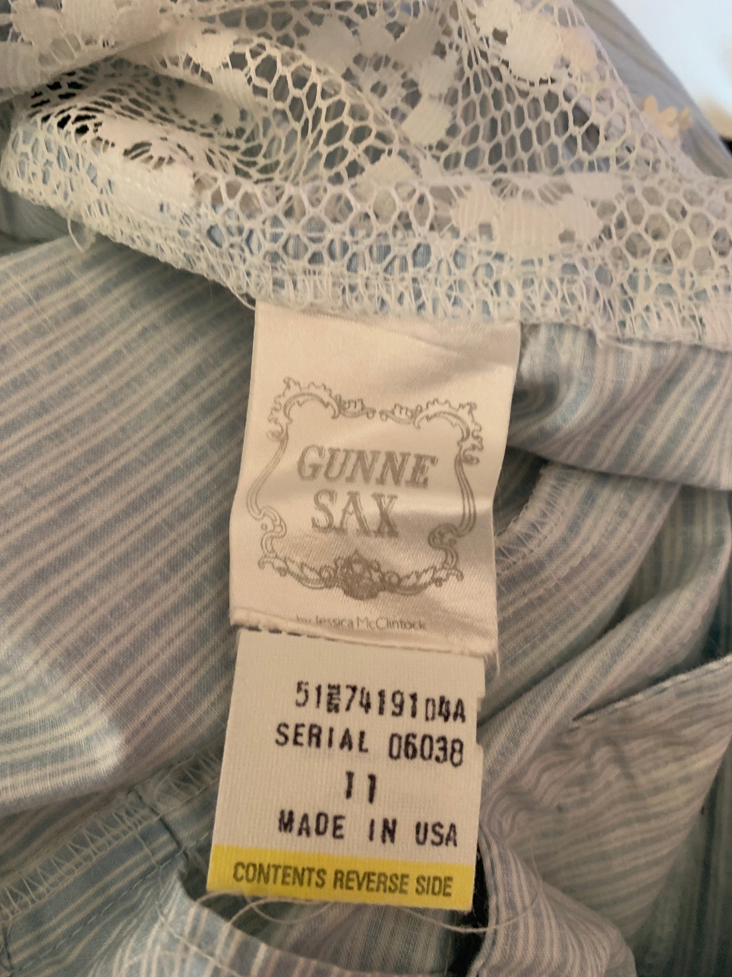 Ticking Striped Baby Blue Cotton Dress with Lace Trim circa 1980s Gunne Sax