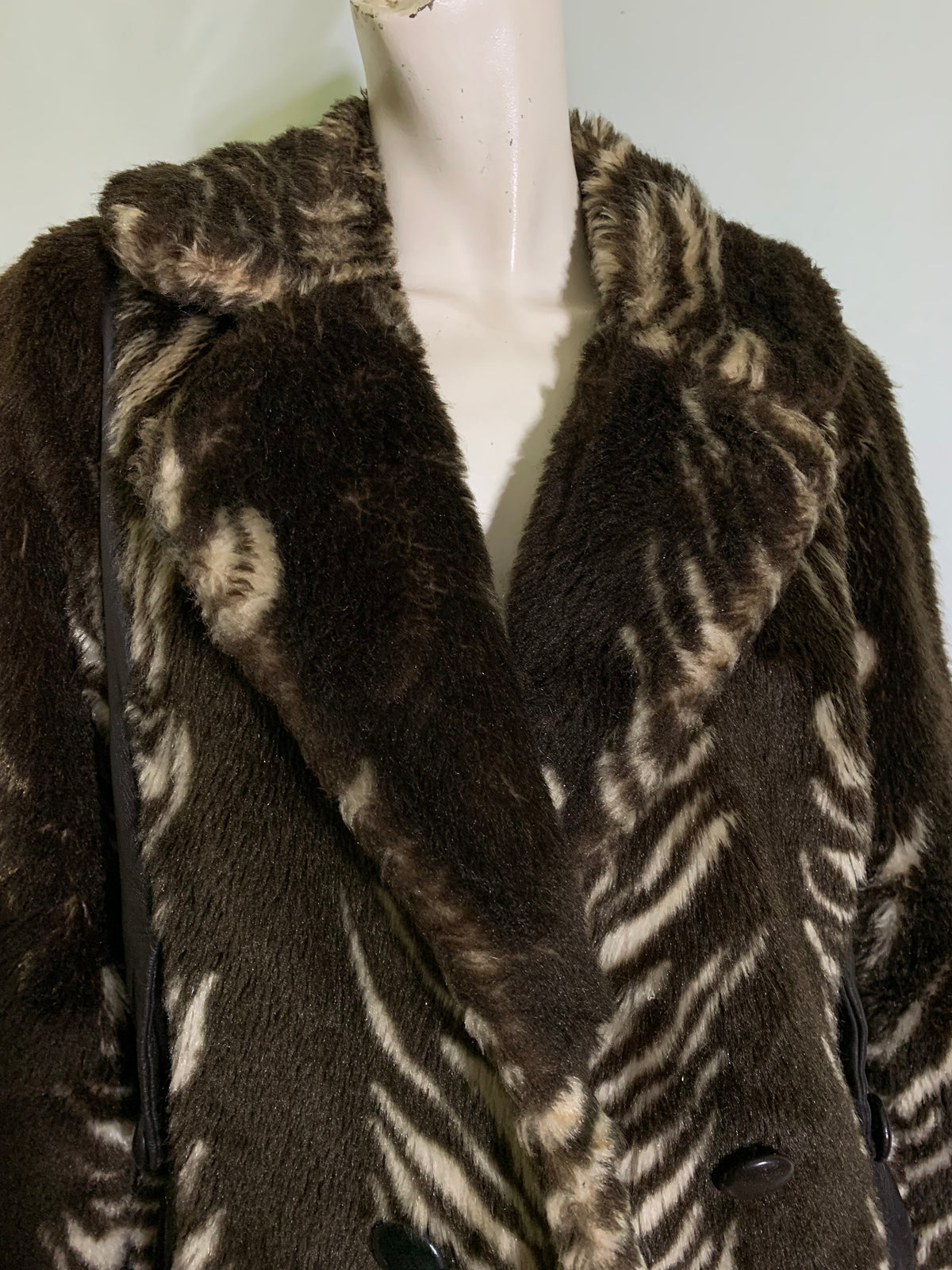Funky Deep Brown Zebra Stripe Faux Fur Coat Pleather Accents circa 1970s