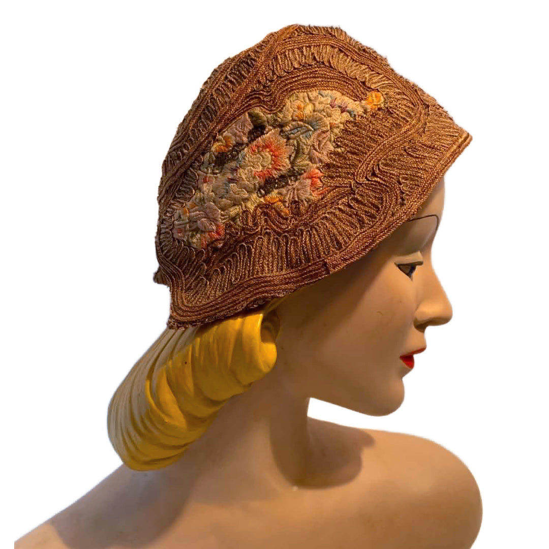 RESERVED Pastel Flower Embroidered Natural Sisal Cloche Hat circa 1920s