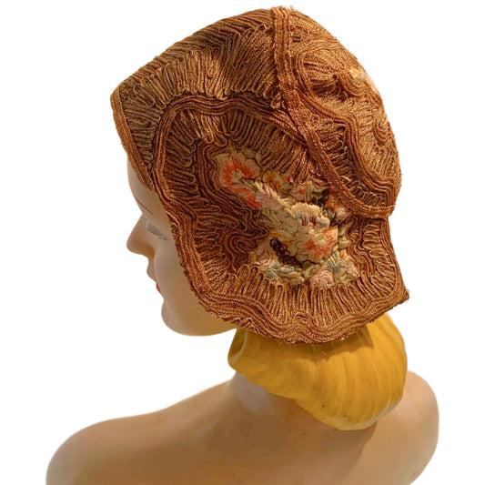 RESERVED Pastel Flower Embroidered Natural Sisal Cloche Hat circa 1920s