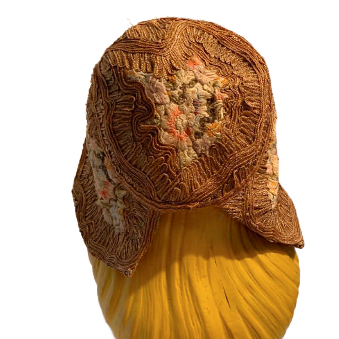 RESERVED Pastel Flower Embroidered Natural Sisal Cloche Hat circa 1920s