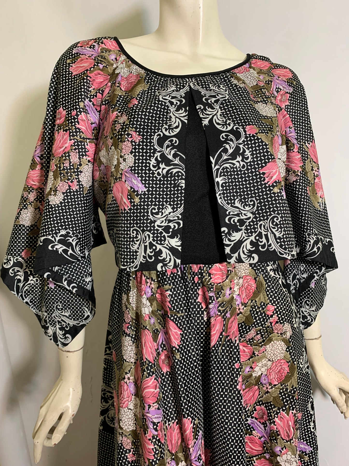 Black and Pink Rose Print Maxi Dress with Peaked Sleeves circa 1970s