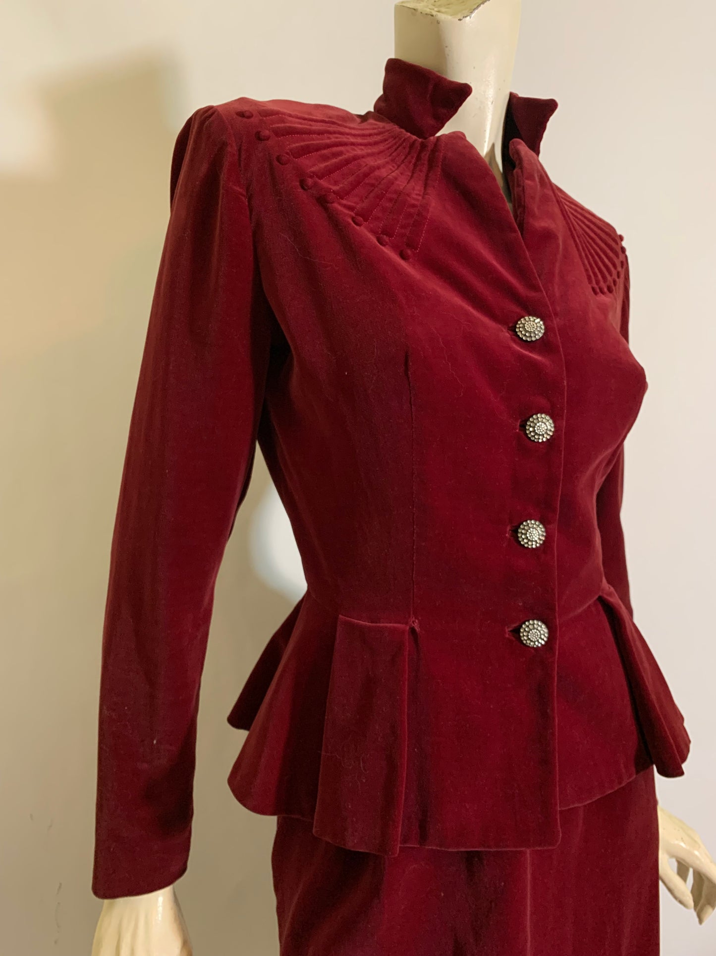 Plum Red Velvet Nipped Waist Suit with Trapunto Detailed Shoulders circa 1940s