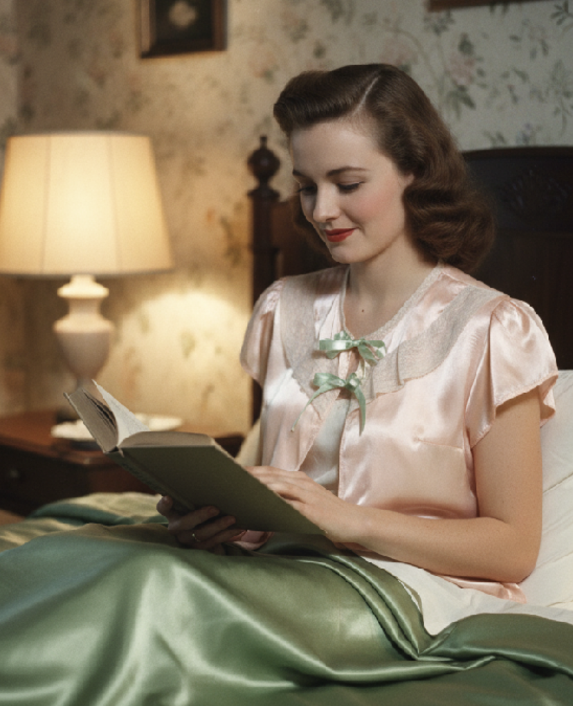 Warm Peach Rayon Lace Trimmed Bed Jacket with Blue Ribbons circa 1940s