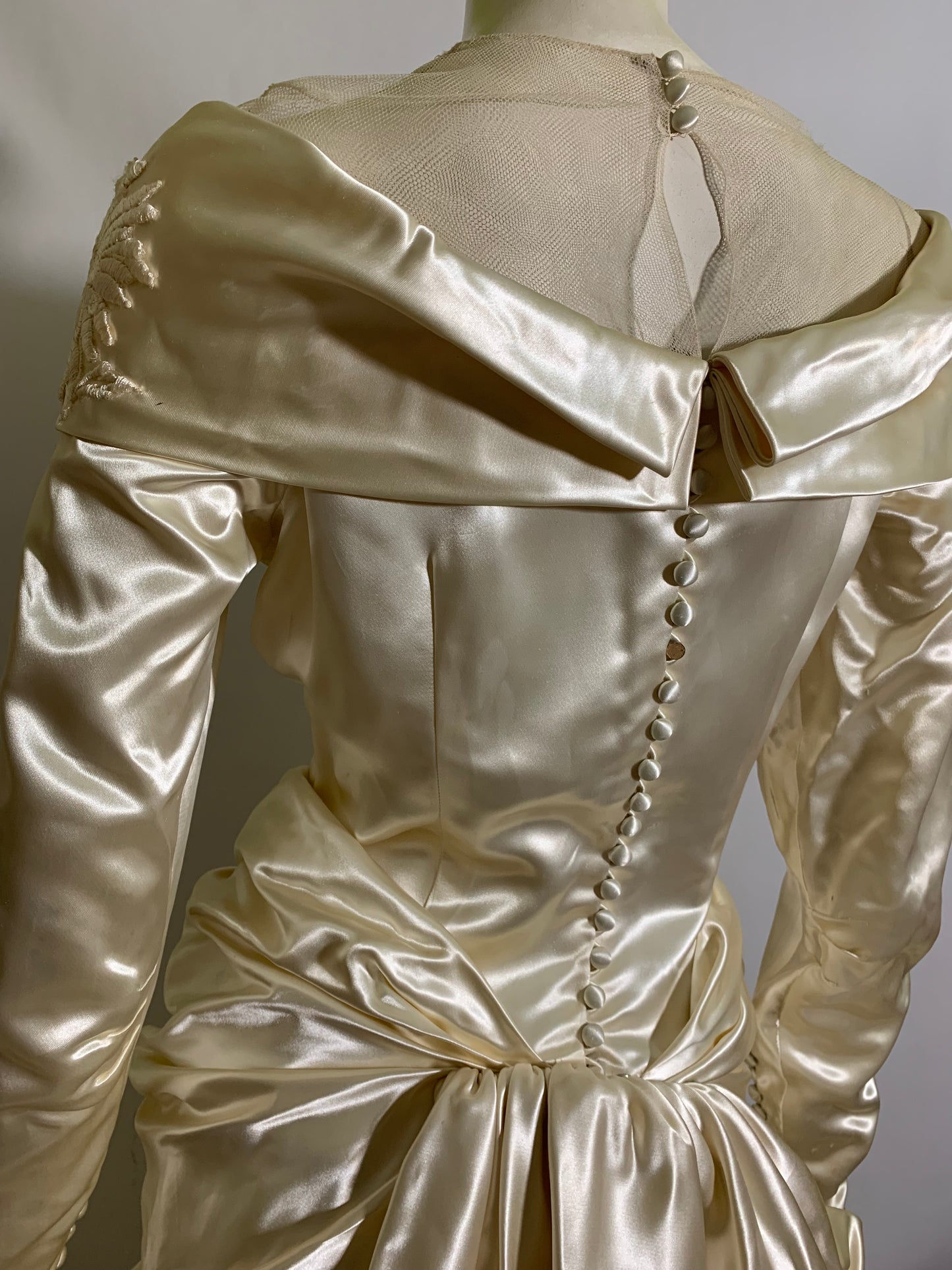 Soft White Slipper Satin Hip Draped Wedding Dress circa 1940s