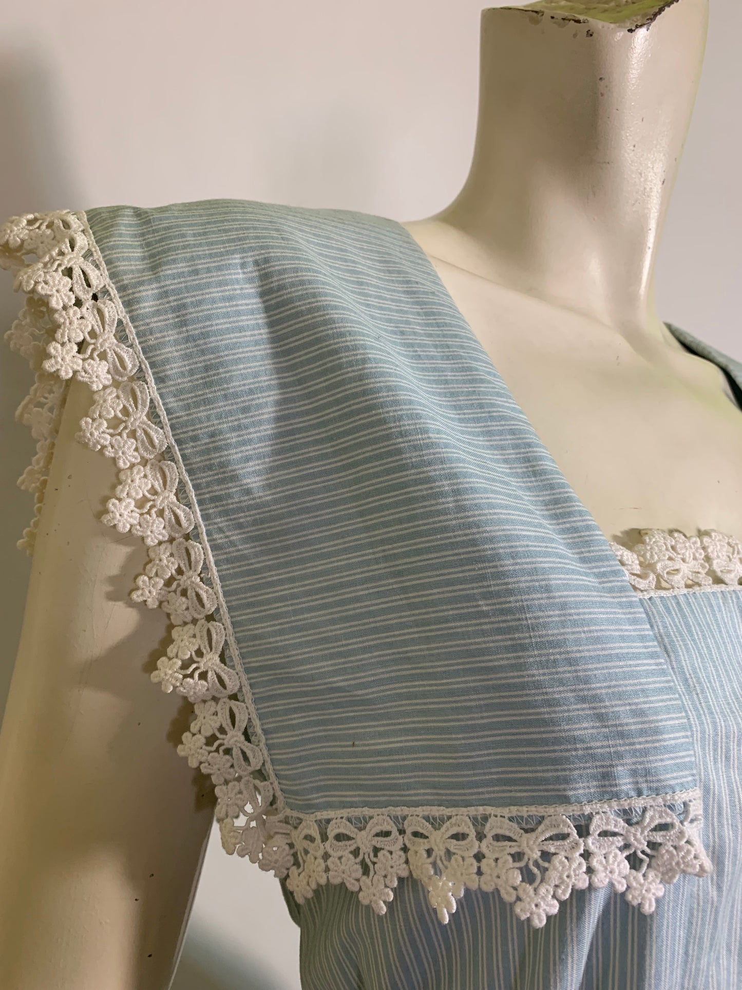 Ticking Striped Baby Blue Cotton Dress with Lace Trim circa 1980s Gunne Sax