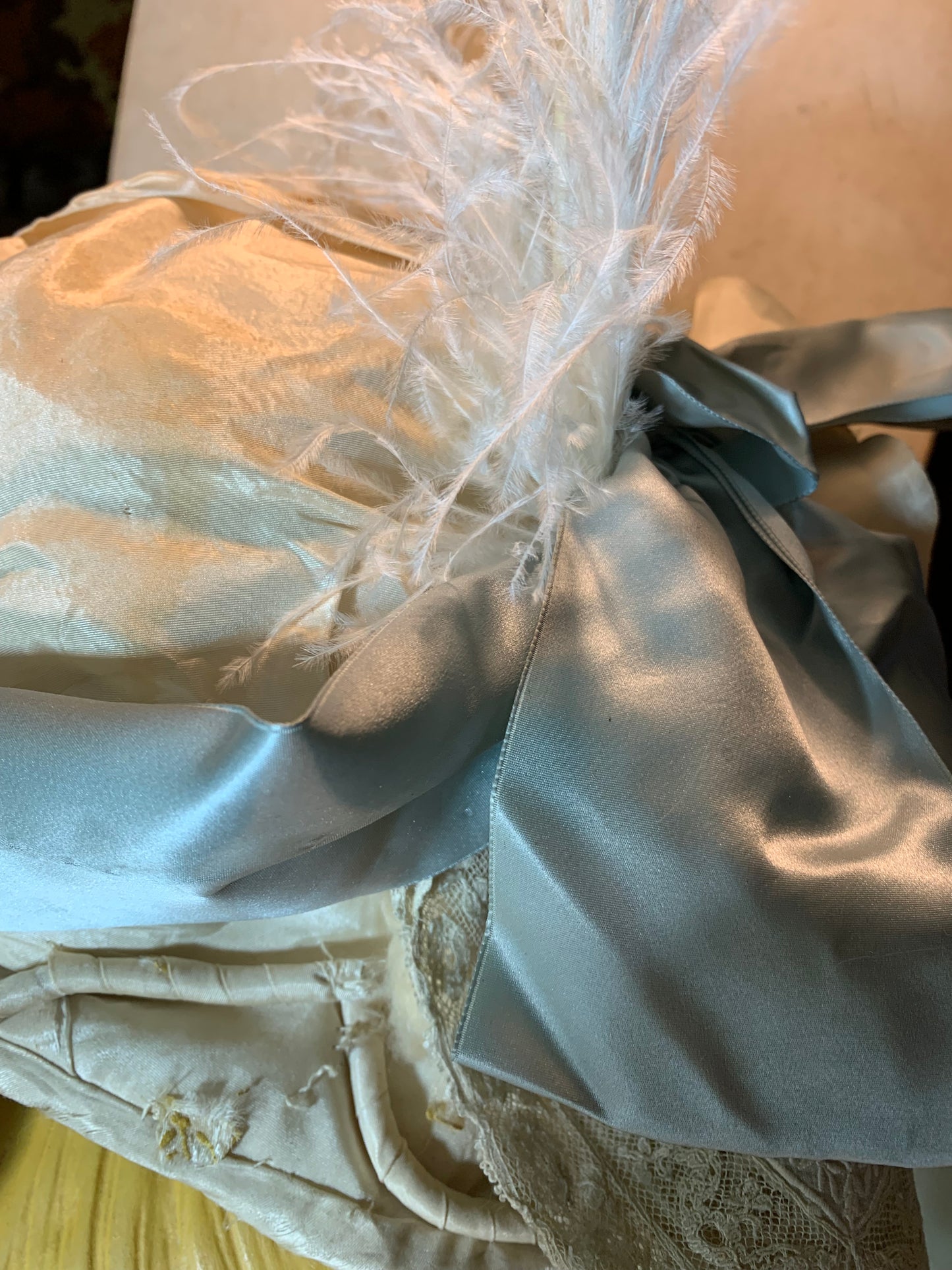 The Bride Reimagined Edwardian Silk Hat and Flowers with Antique Hanky, Pale Blue Ribbon and Feathers