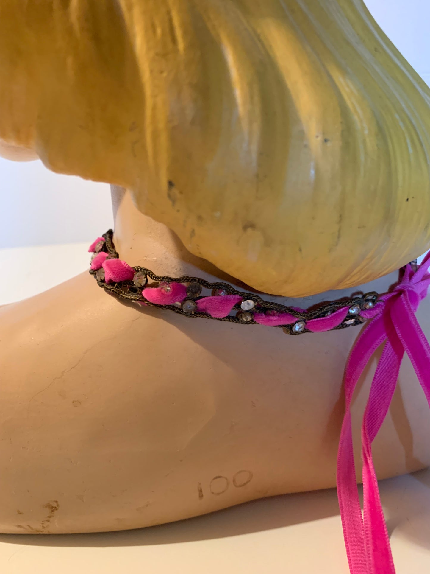 Rhinestone and Faux Pearl Metal Headpiece or Necklace Pink Ribbon