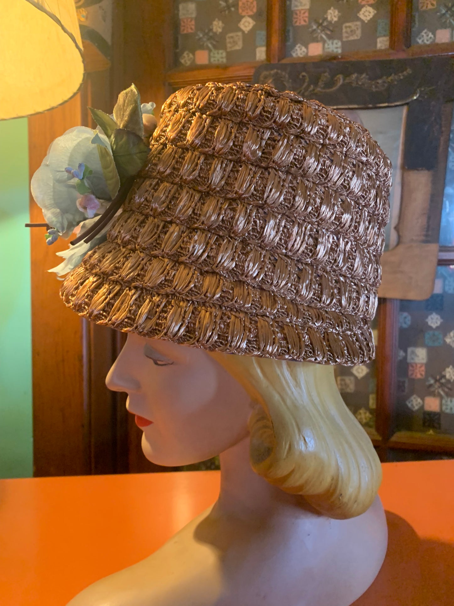 Whimsical Cafe au Lait Sisal Bucket Hat with Lavender Iris circa 1960s