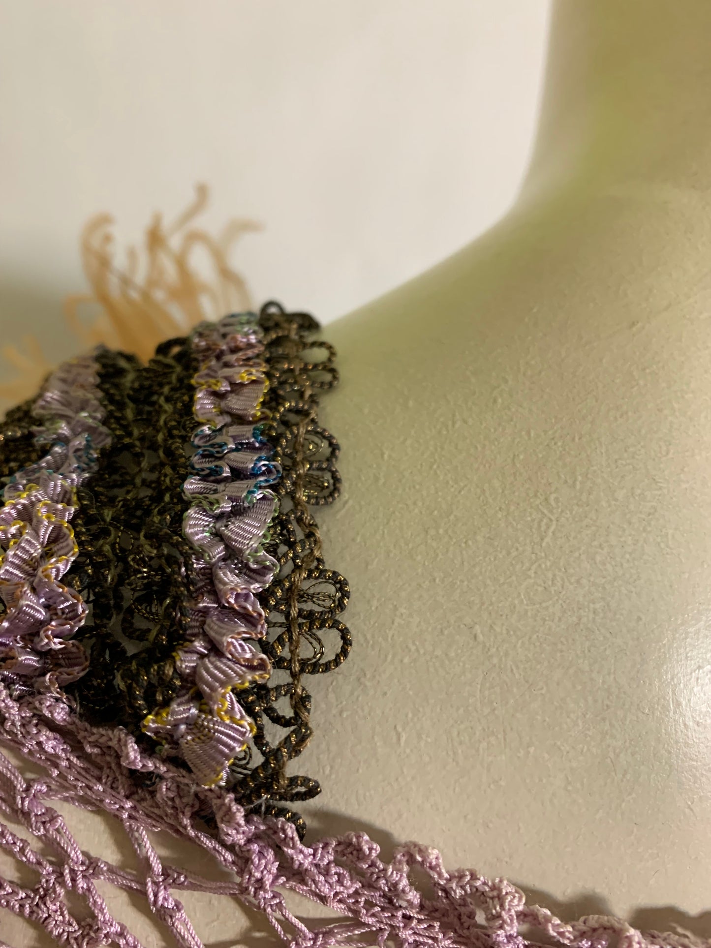 French Lavender Antique Lace Top Reimagined Black Victorian Fringed Metallic Ribbon and Feather