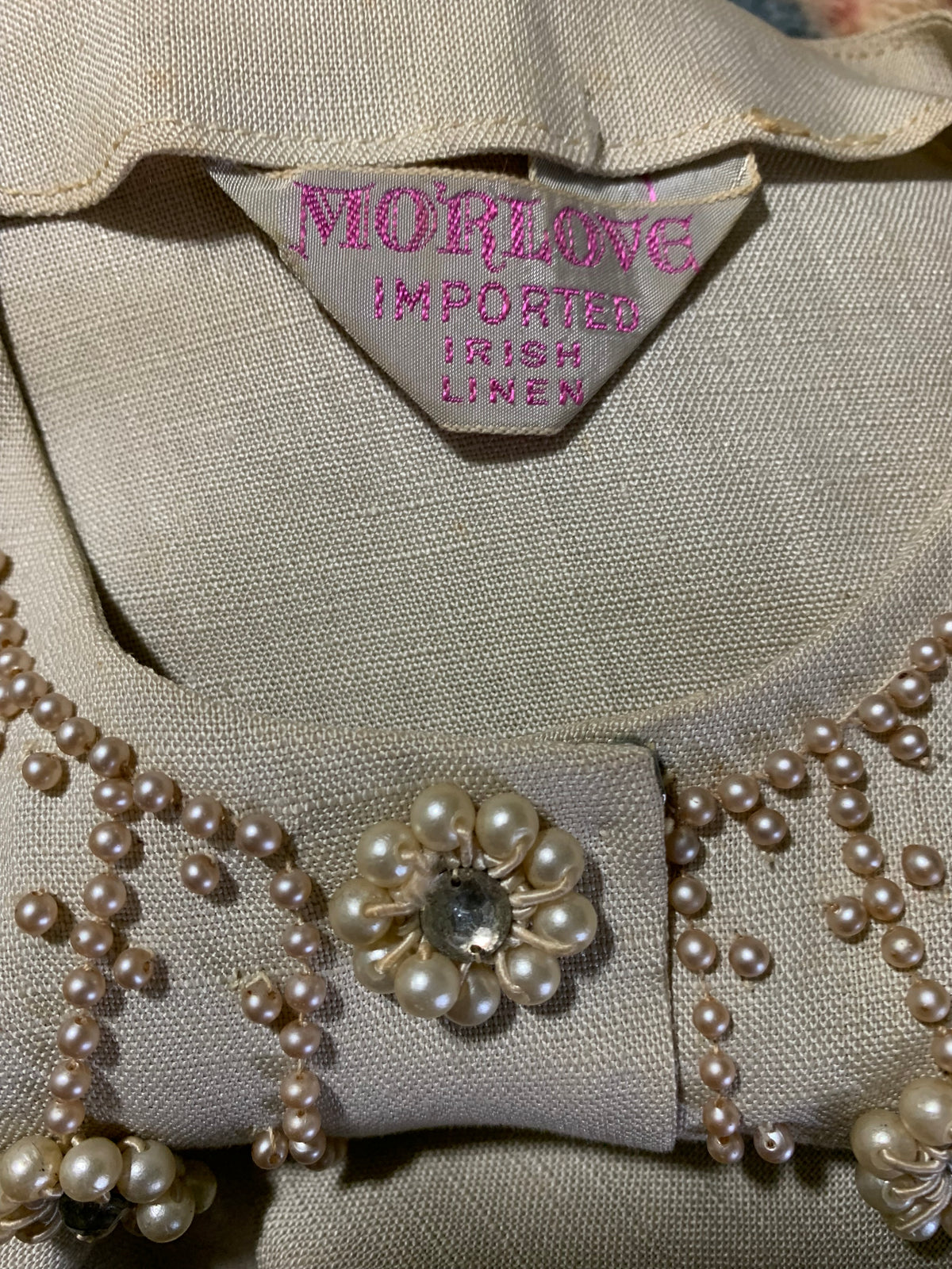 Irish Linen 2 Piece Dress Set with Beads and Rhinestones circa 1960s