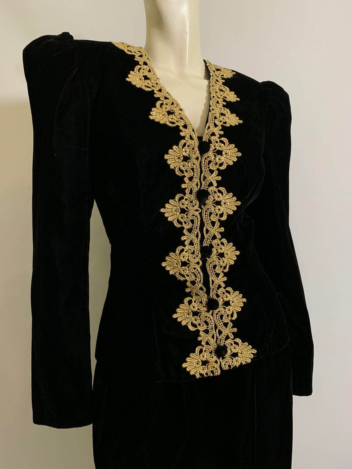 Black Velvet Cocktail Suit with Metallic Gold Braid Trim circa 1980s