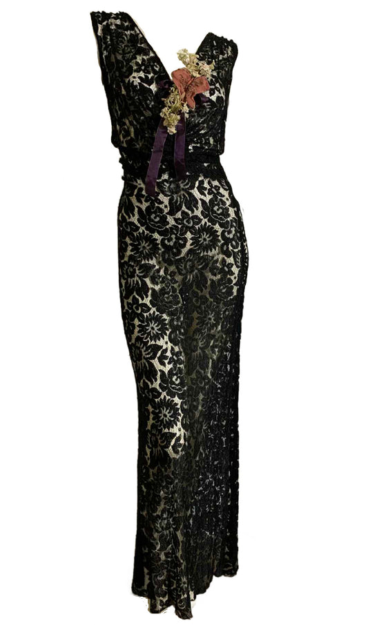 Sultry Black Lace Full Length Evening Dress with Silk Flowers, Butterfly and Ribbon circa 1930s