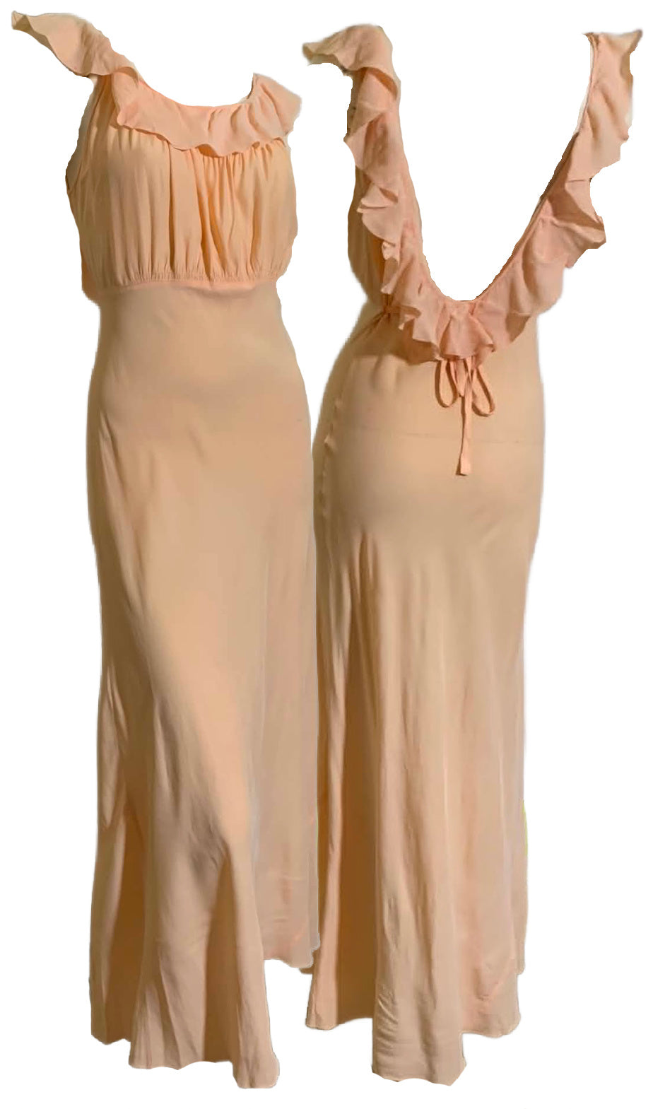 Rare Flirty Low Back Bias Cut Peach Nightgown with Ruffles circa 1930s