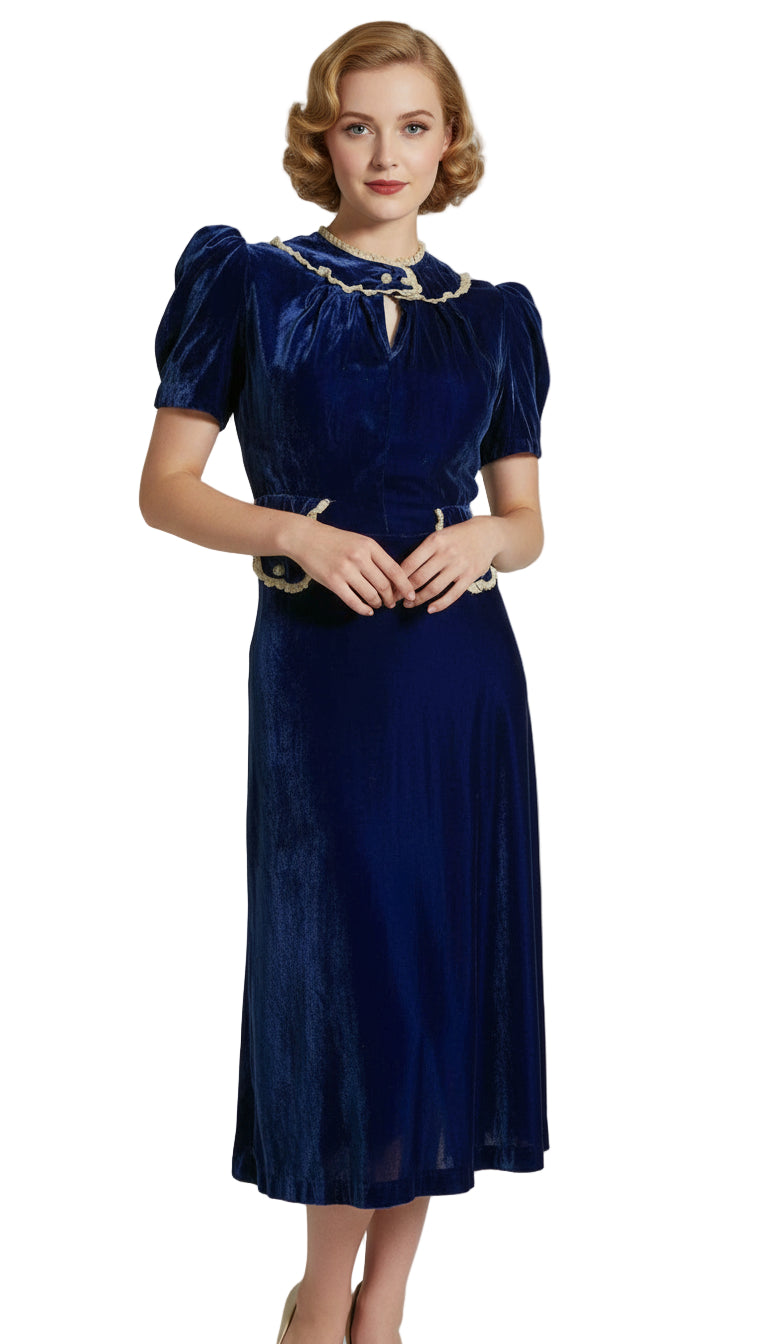 Sapphire Blue Silk Velvet Puff Sleeve Dress Glass Button & Lace Accents circa 1930s XS Sapphire Blue Silk Velvet Puff Sleeve Dress Glass Button & Lace Accents circa 1930s XS