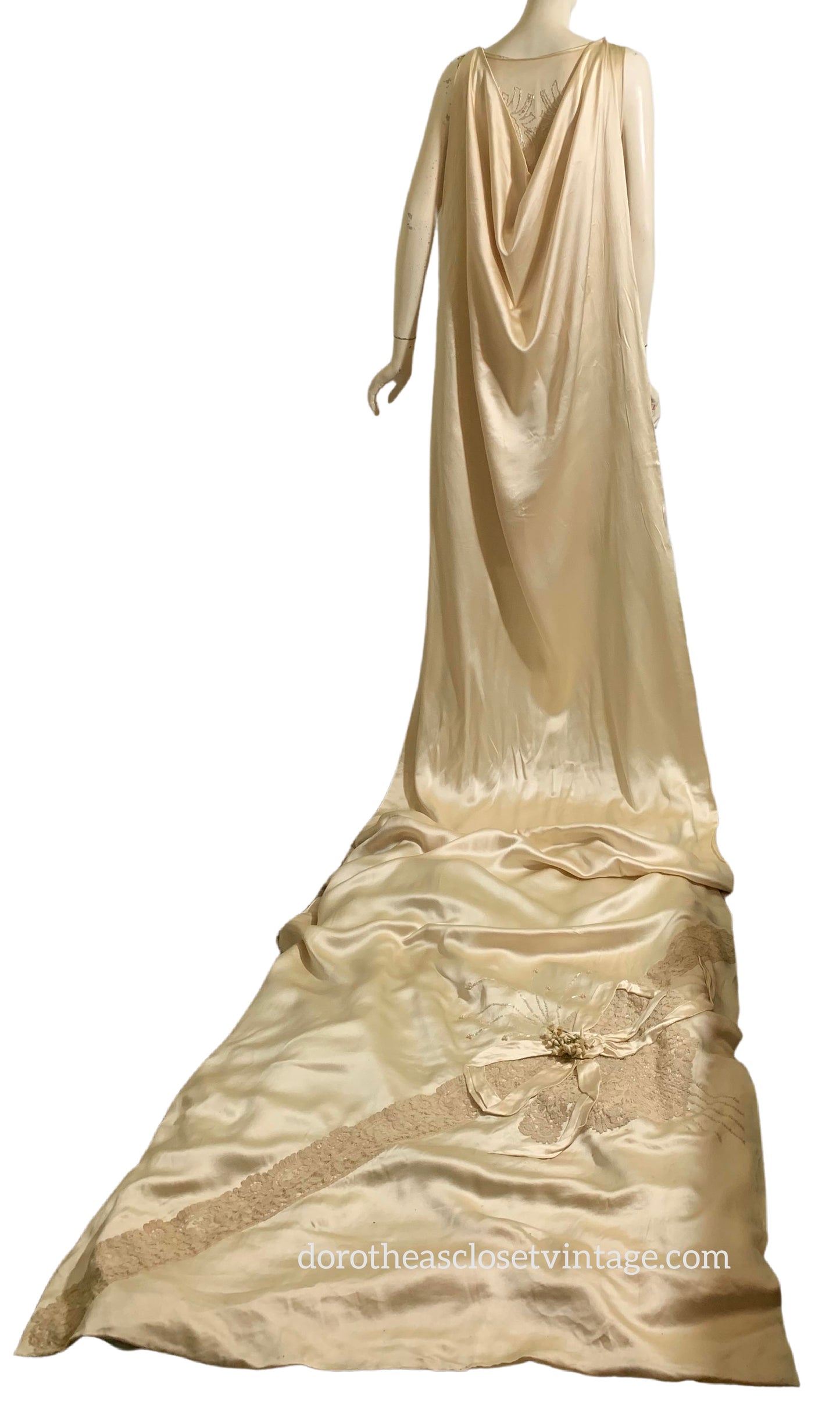Glamorous Beaded Candlelight Silk Wedding Dress with Court Train, Headpieces, Fan, Shoes and Bible circa 1920s