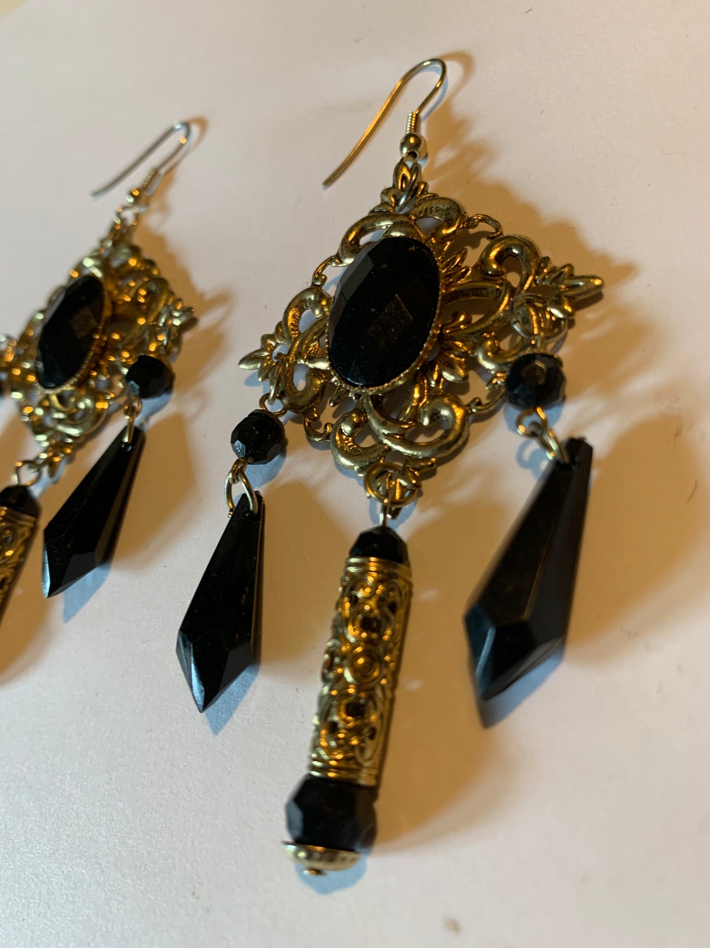 Statement Sized Black and Gold Chandelier Earrings circa 1980s